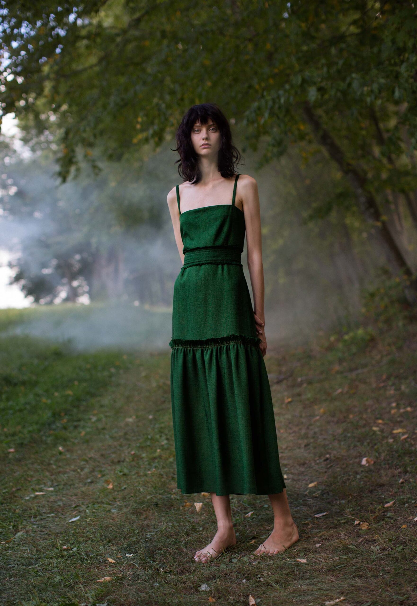 green spaghetti-strap tiered maxi dress