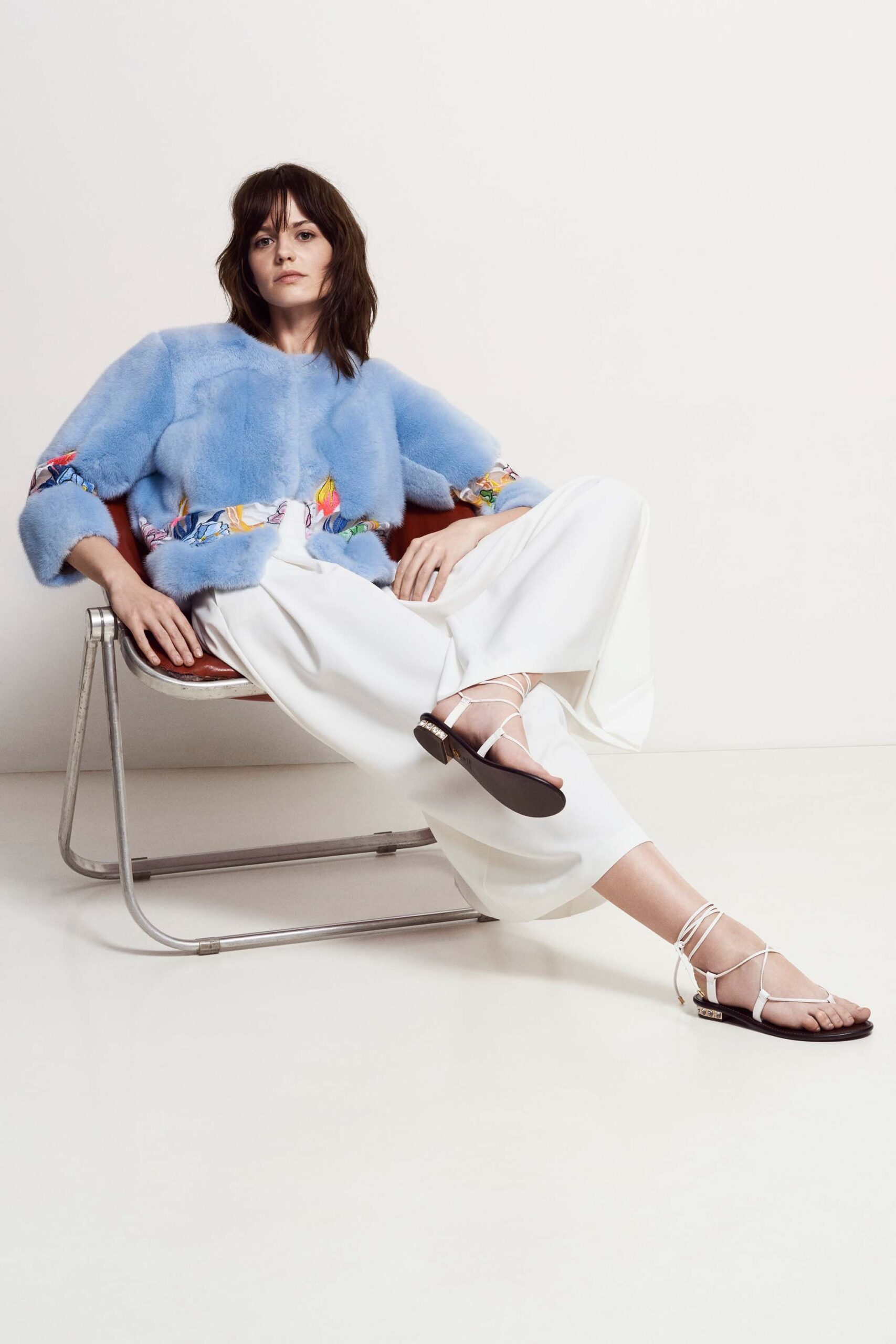 blue fur long-sleeve high-neck printed textured cropped jacket