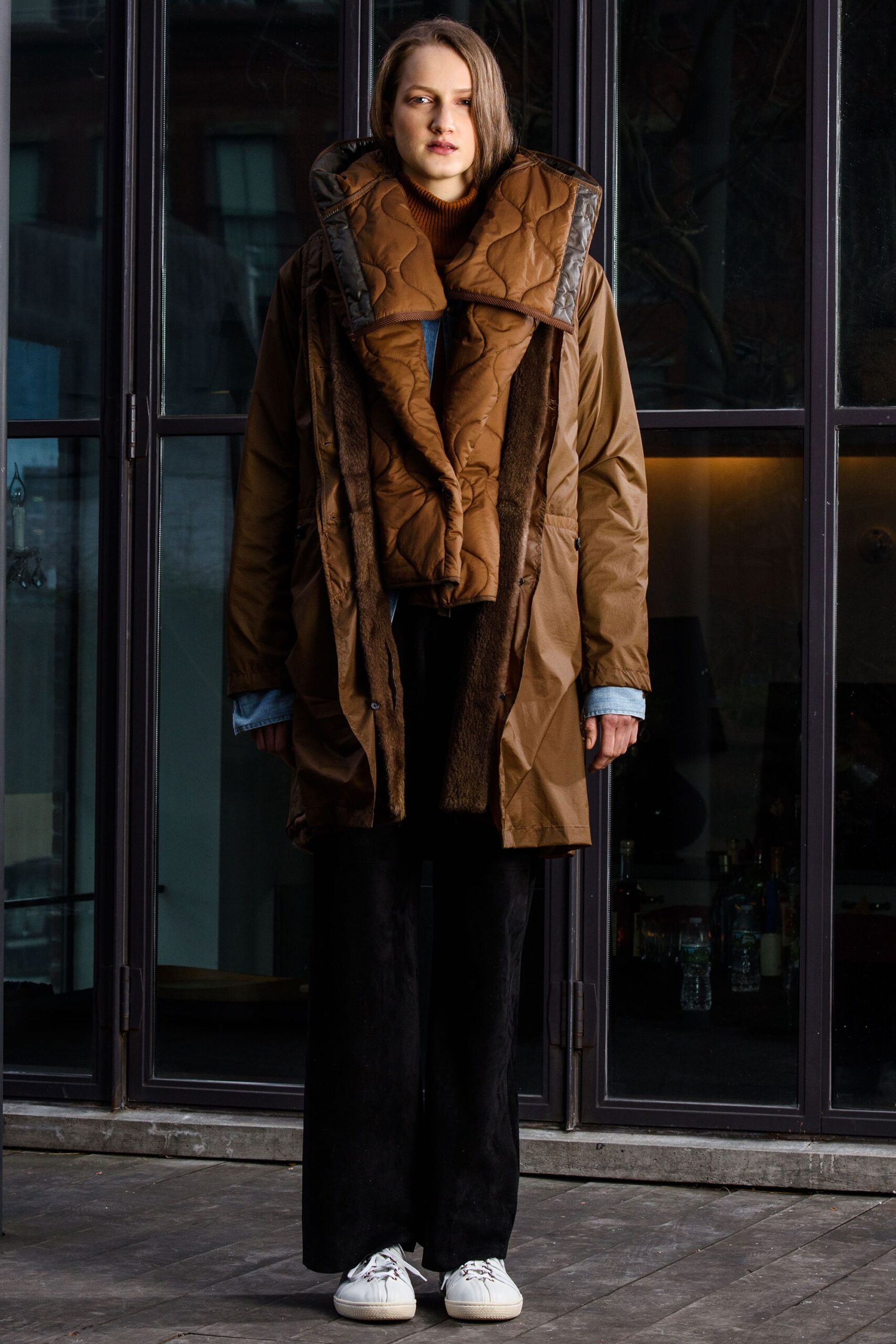 brown nylon long-sleeve open-front oversized quilted fur-trimmed coat