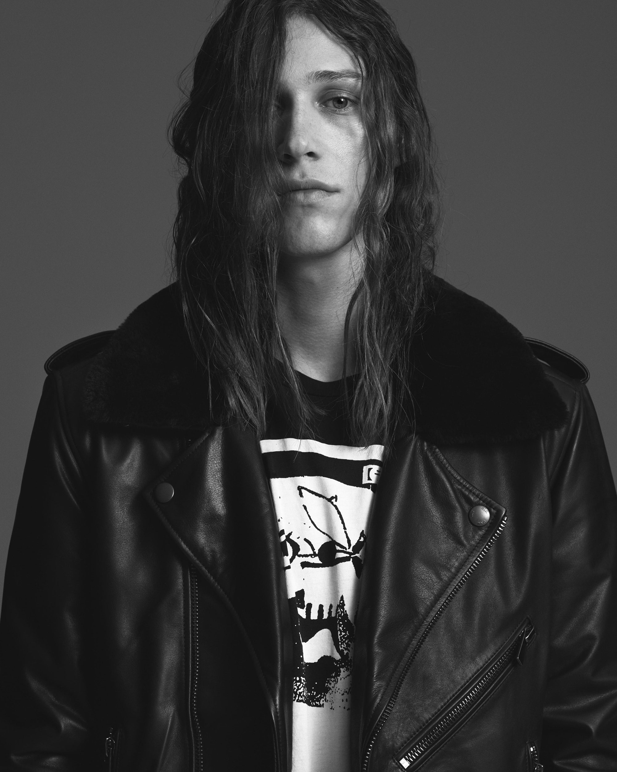 black leather fur-collar jacket