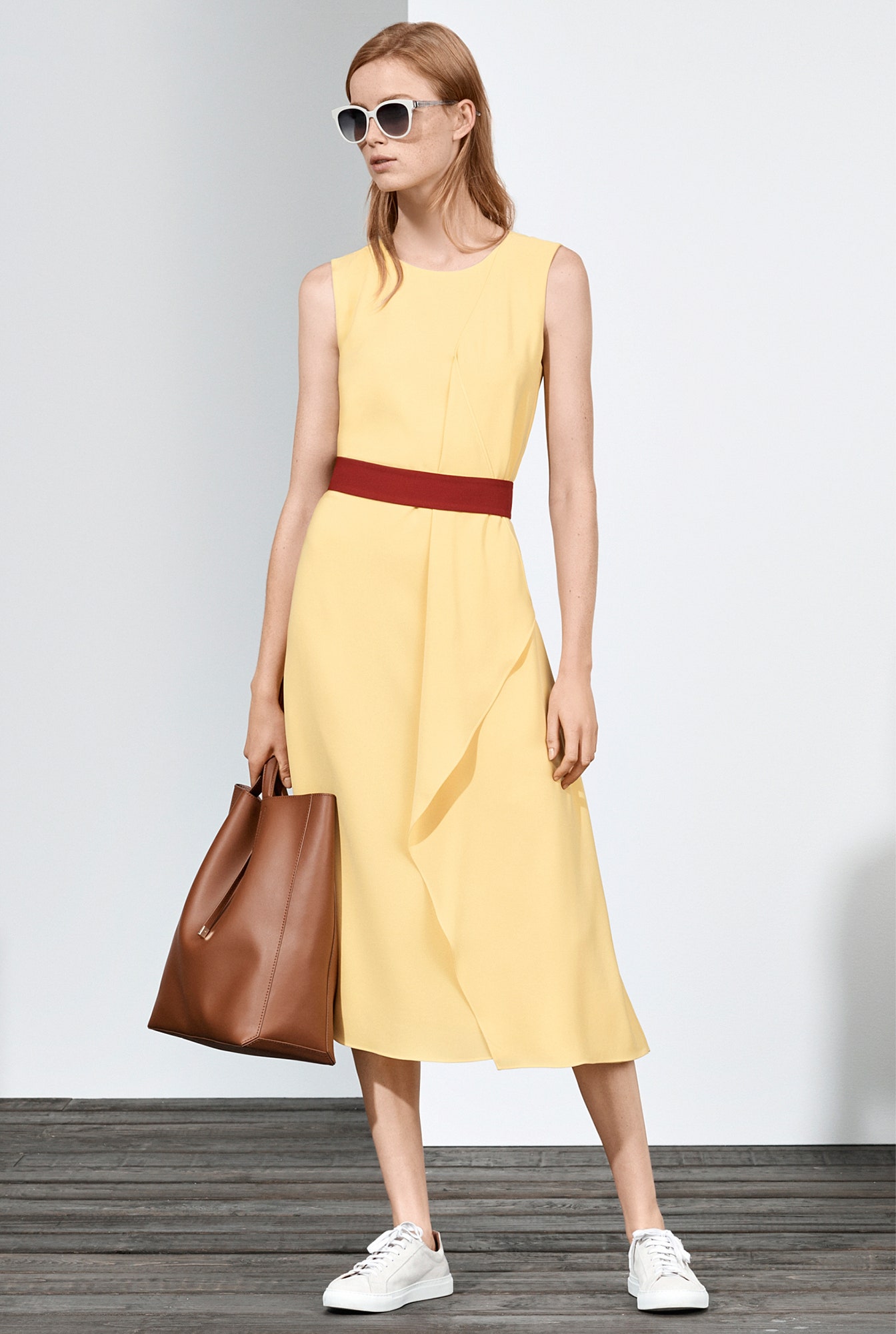 yellow unknown sleeveless high-neck draped belted flowing midi-dress
