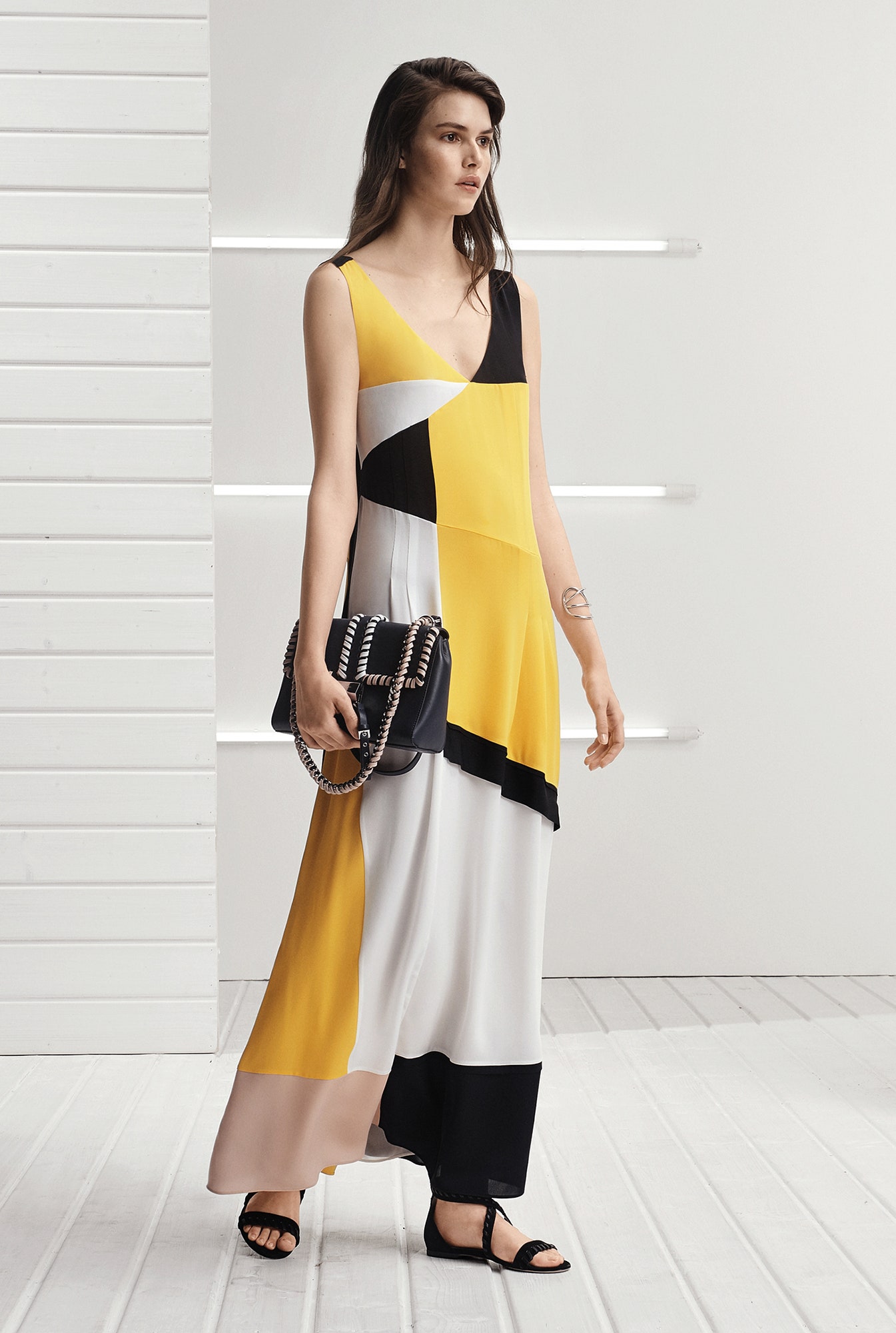 multi crepe sleeveless v-neck color-blocked draped flowing maxi-dress