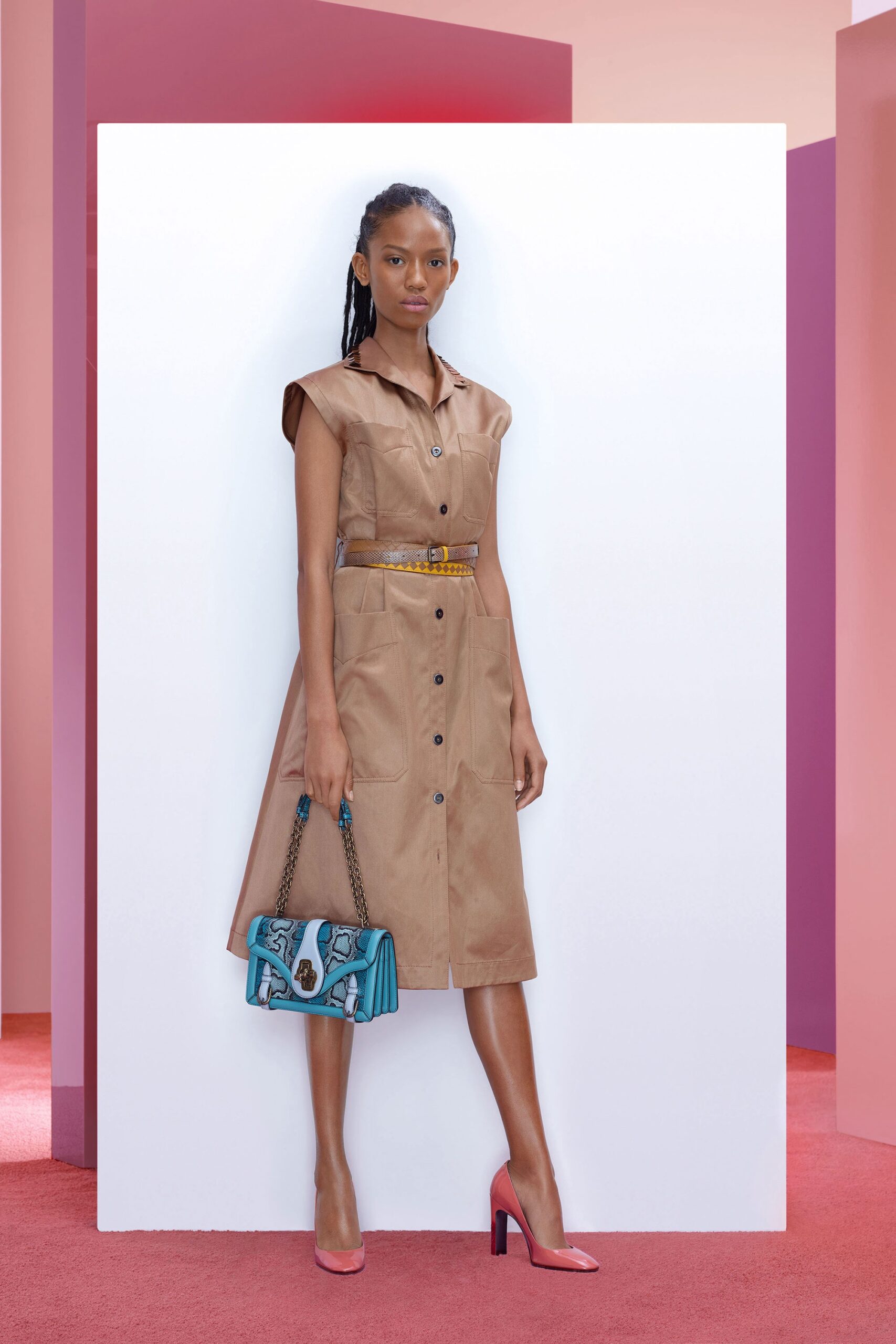 beige unknown sleeveless collared buttoned pockets midi midi-dress