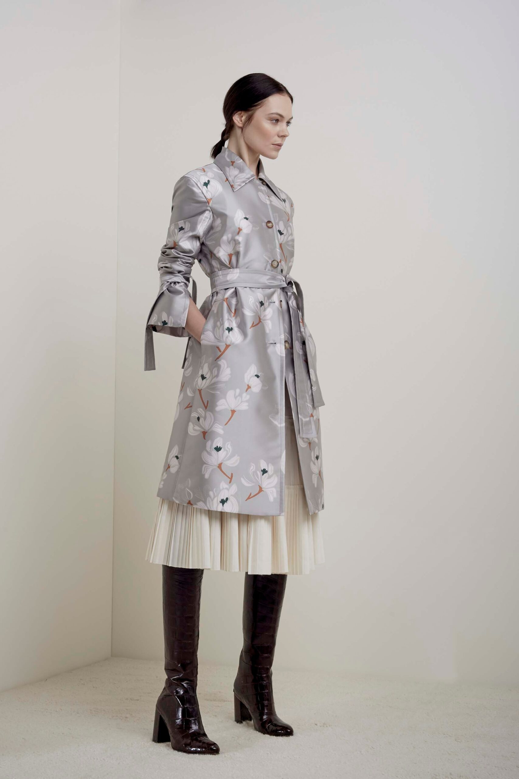 floral satin belted coat