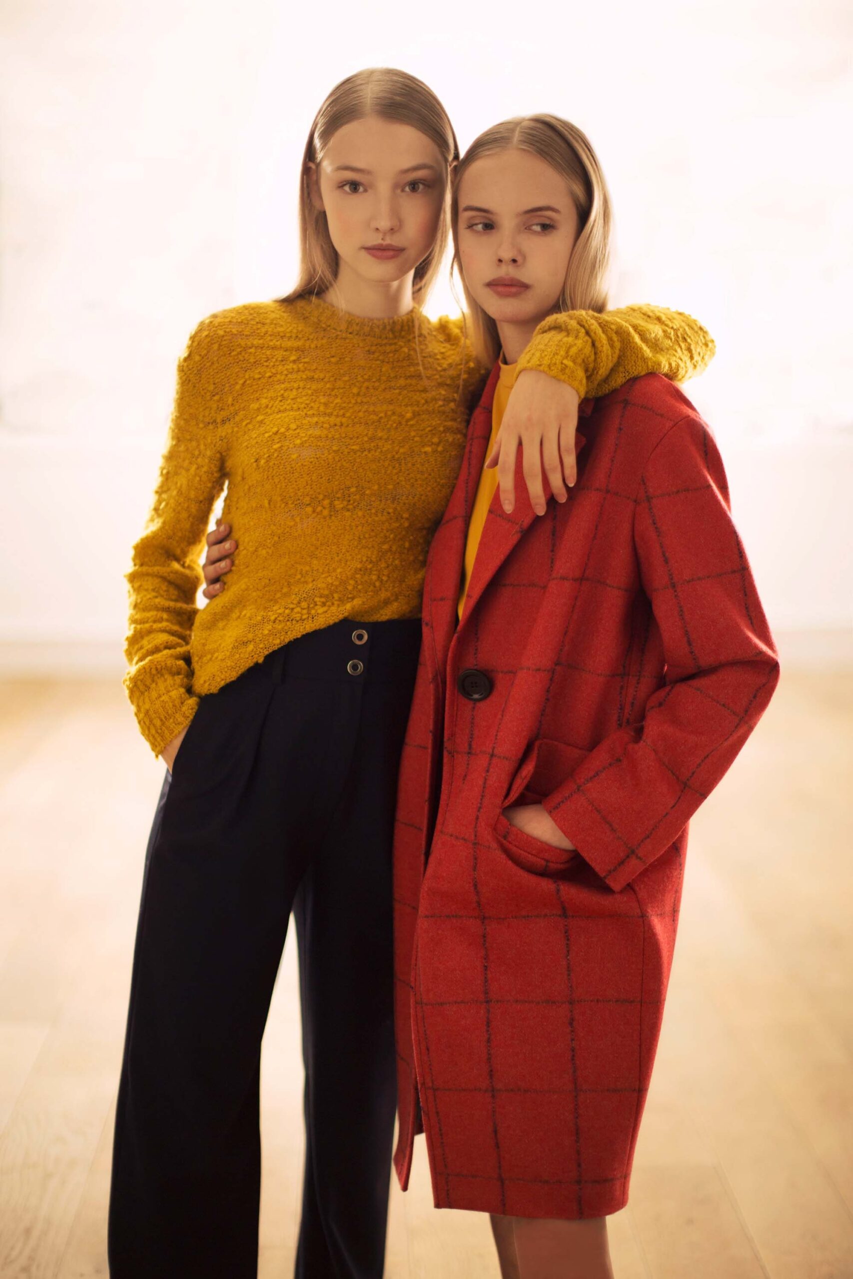 red windowpane wool coat