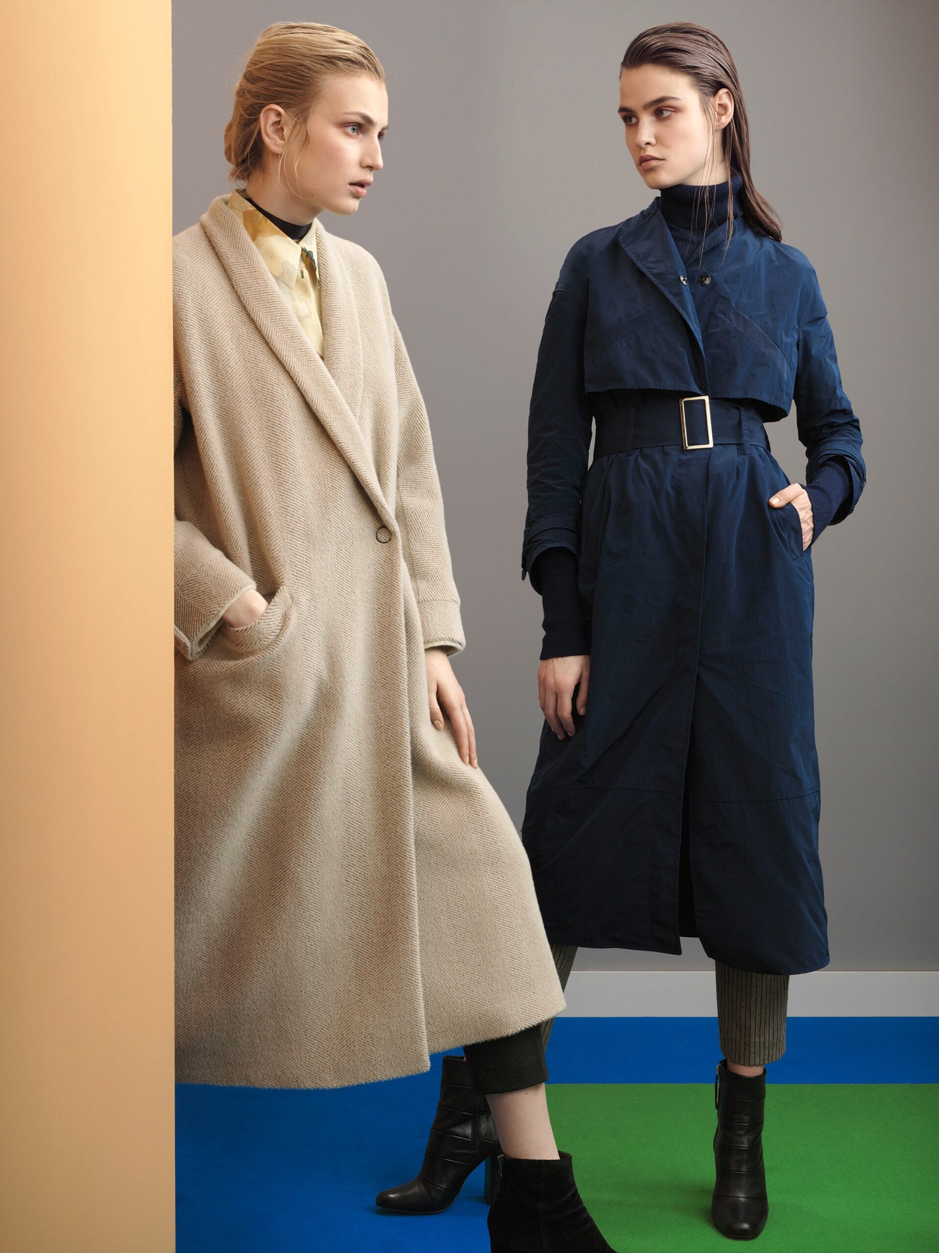 navy belted trench-style coat