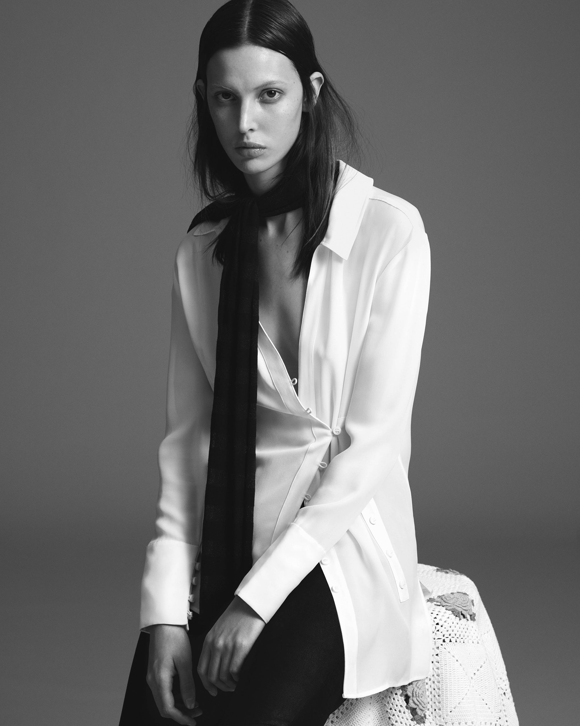 white satin long-sleeve collared buttoned shiny shirt