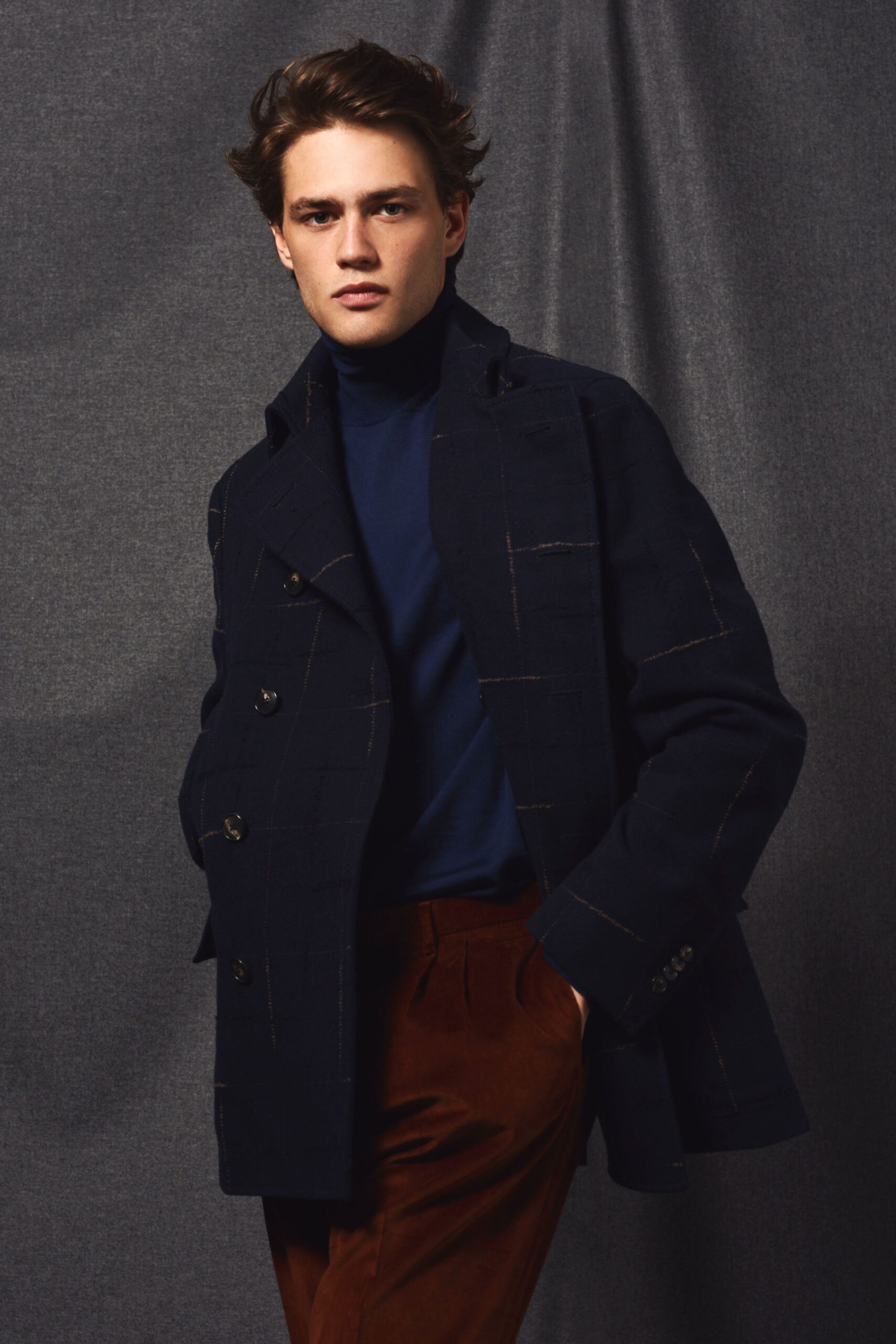 blue knit turtleneck sweater