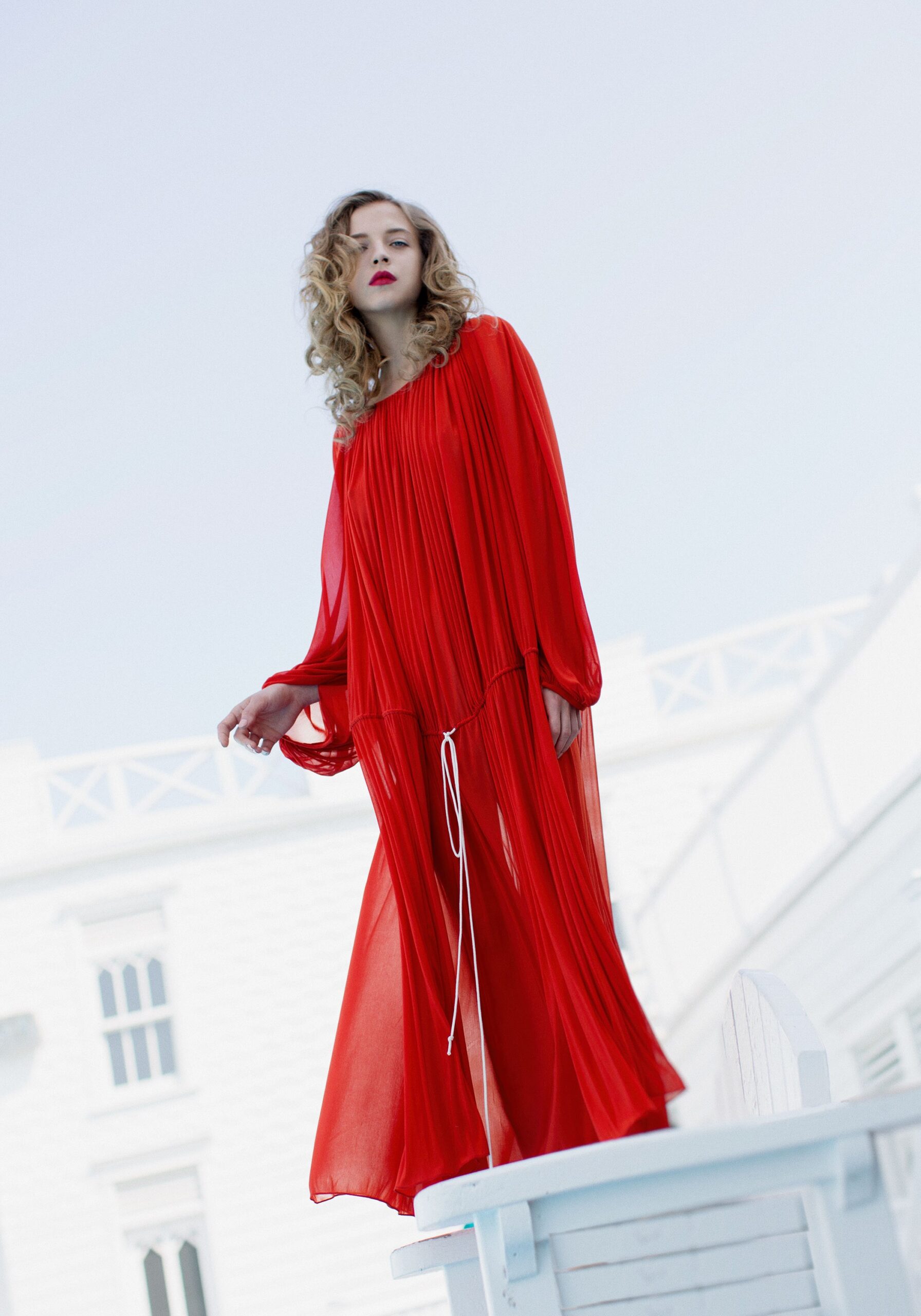 red pleated chiffon maxi dress