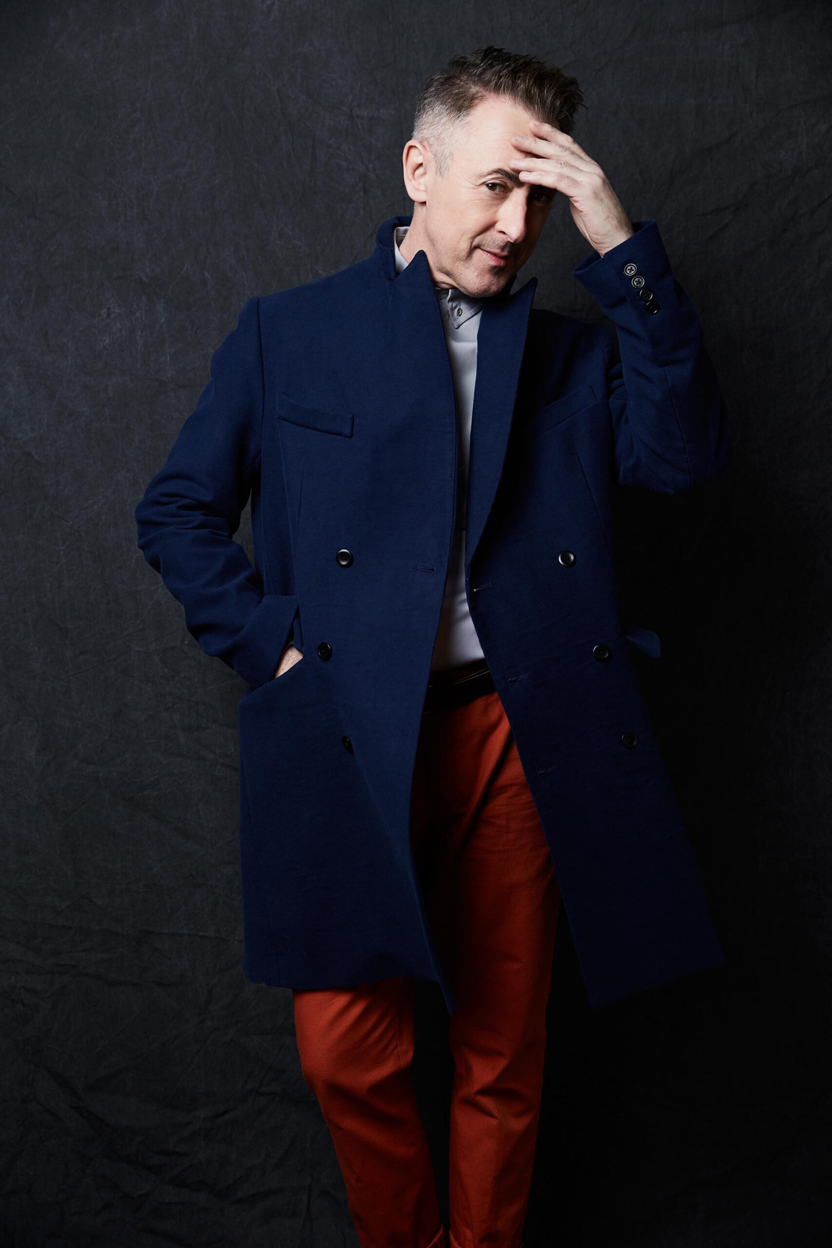 blue double-breasted wool coat
