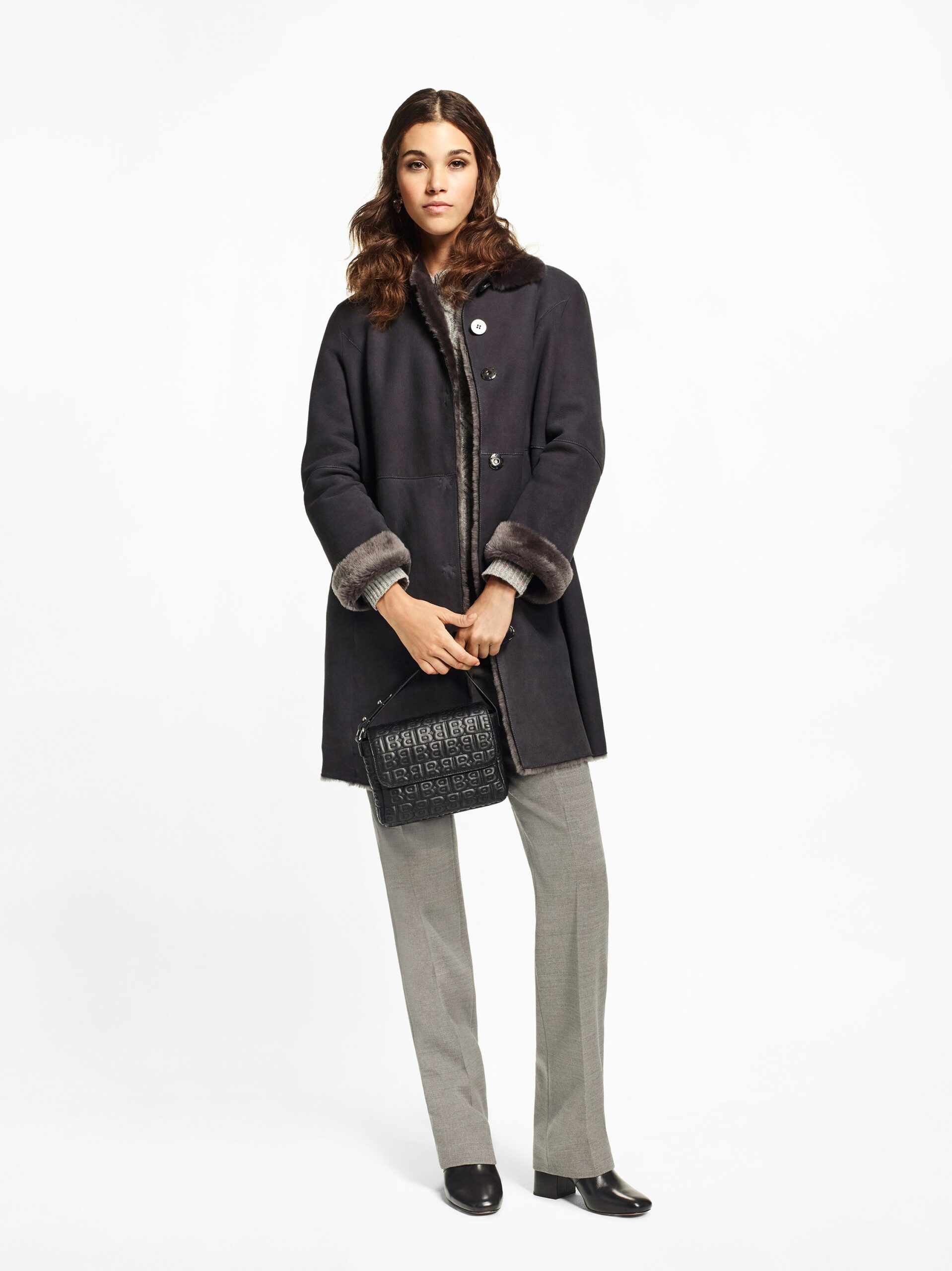 shearling-trim suede coat