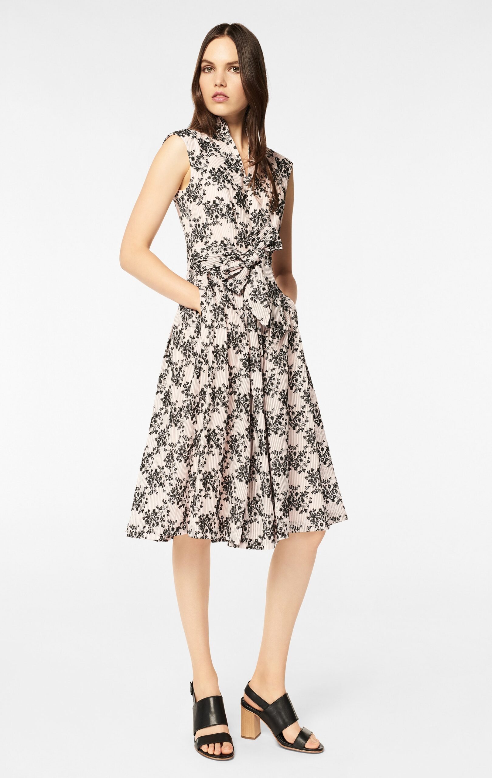 pink unknown sleeveless high-neck floral pleated textured midi-dress
