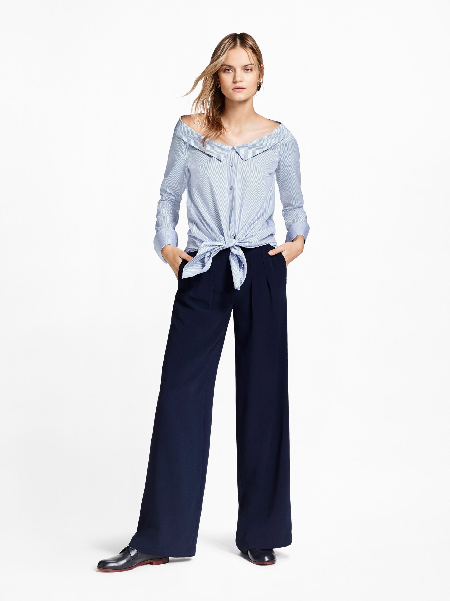off-shoulder striped tie-front shirt