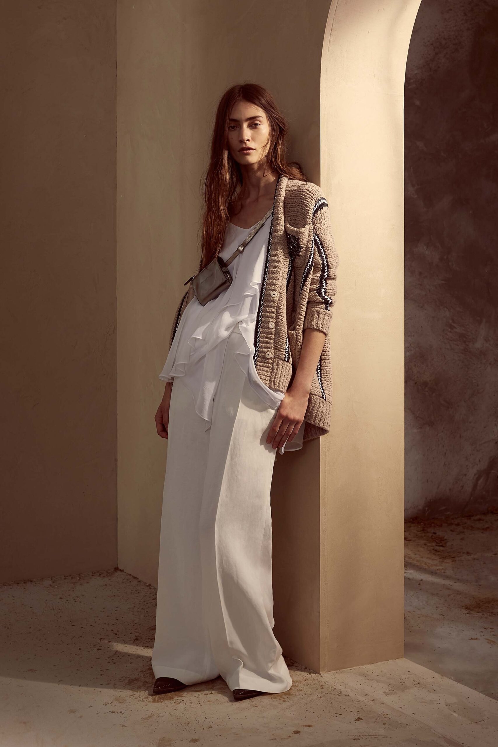 beige knit long-sleeve open-front relaxed striped buttoned cardigan