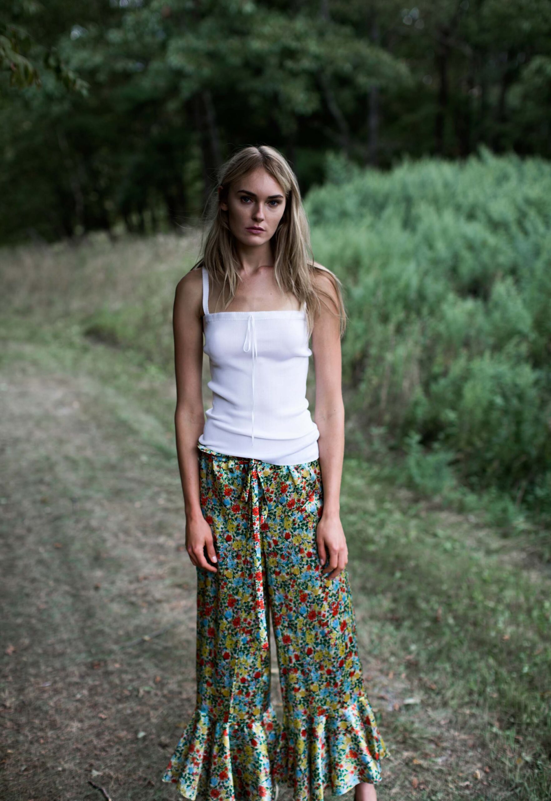 floral satin ruffle-hem trousers