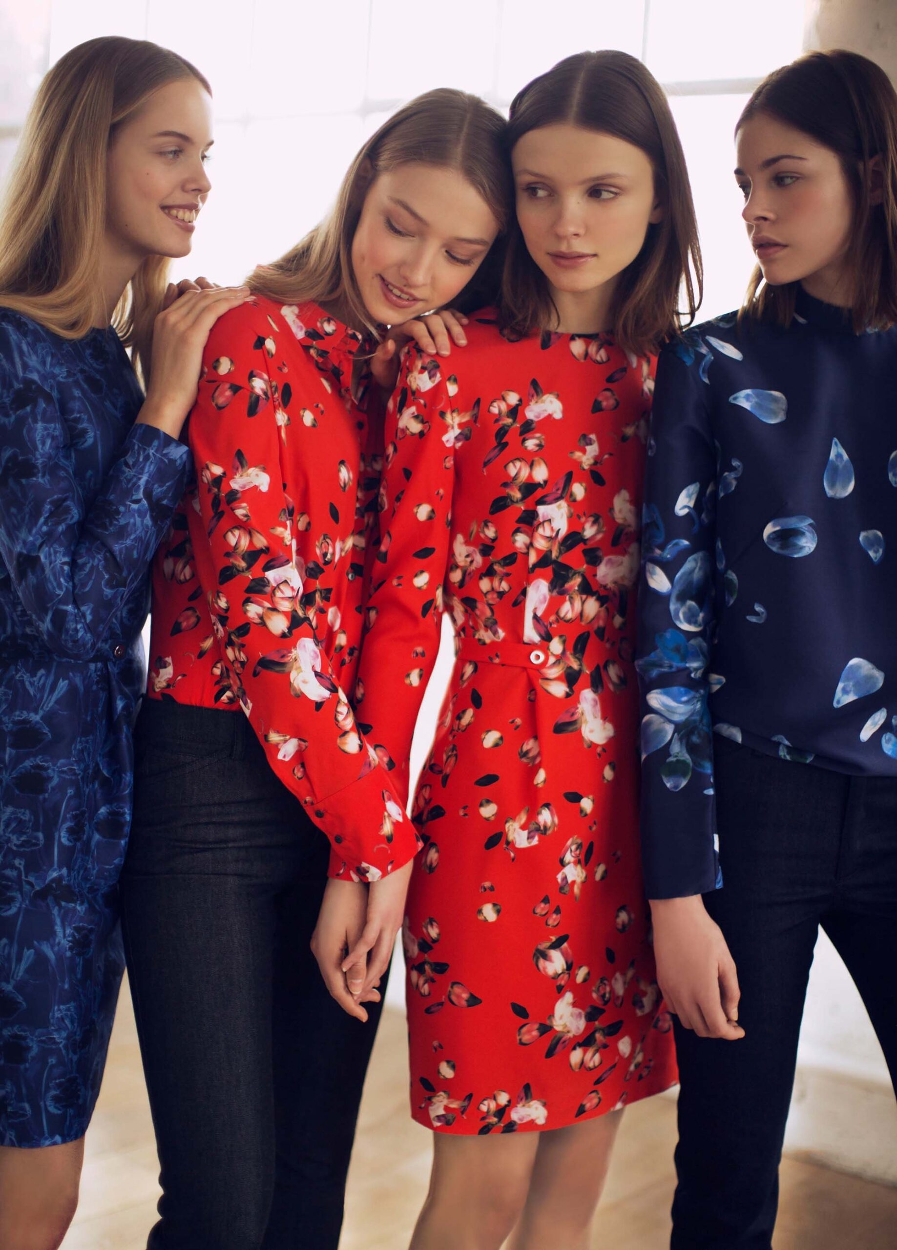 red floral belted long-sleeve dress