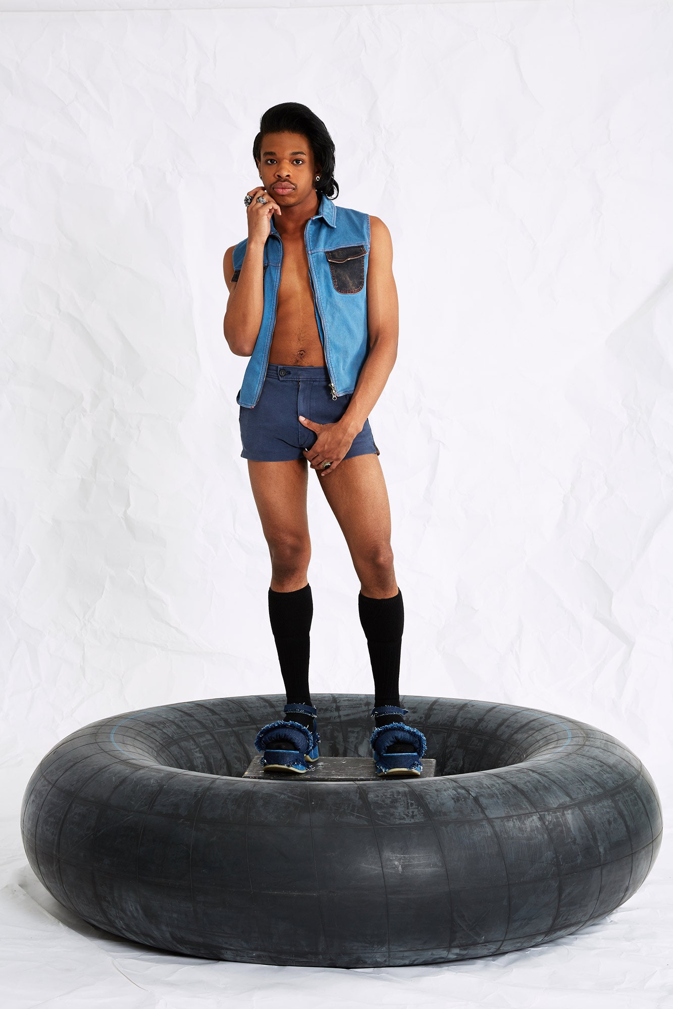 blue sleeveless denim vest