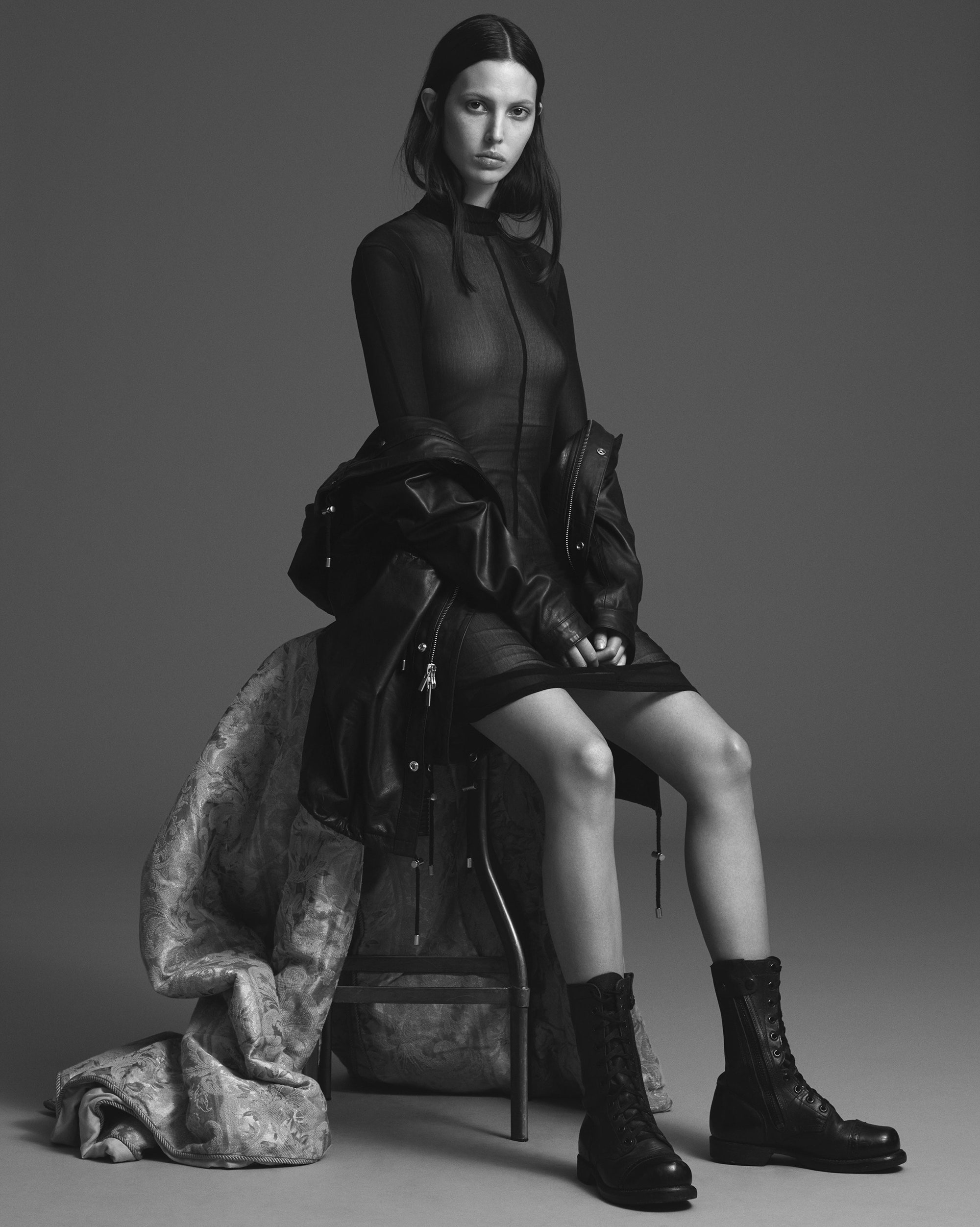 black leather long-sleeve hooded zippered parka