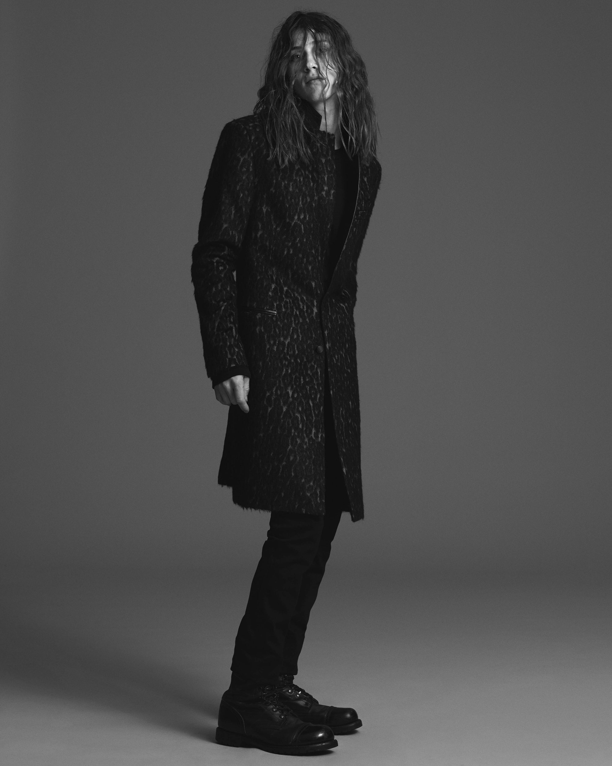 black animal-print tailored coat