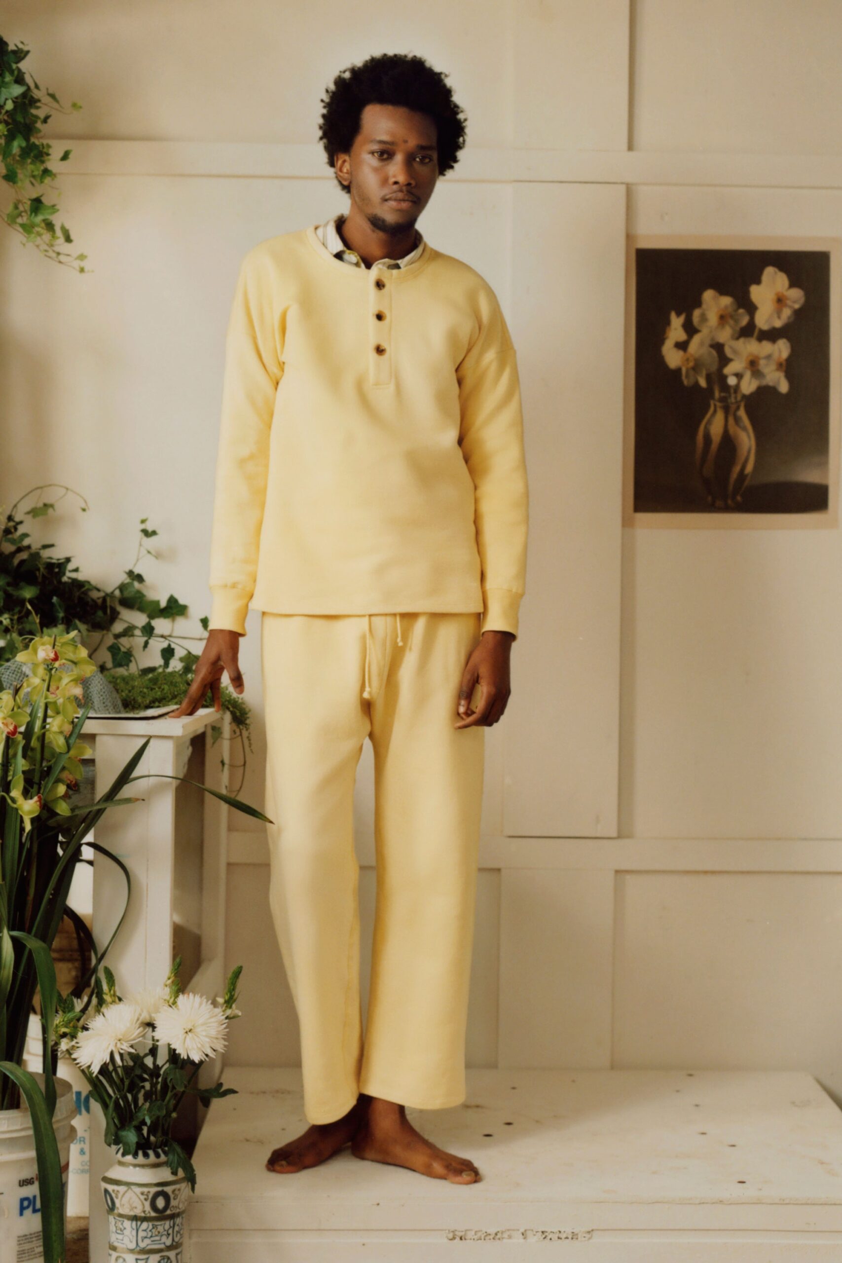 yellow knit long-sleeve high-neck relaxed buttoned sweater