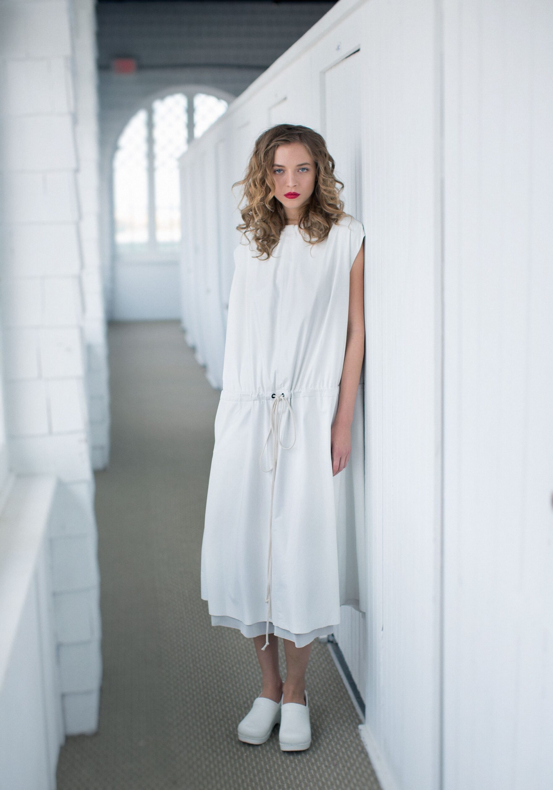 white drop-waist drawstring midi dress