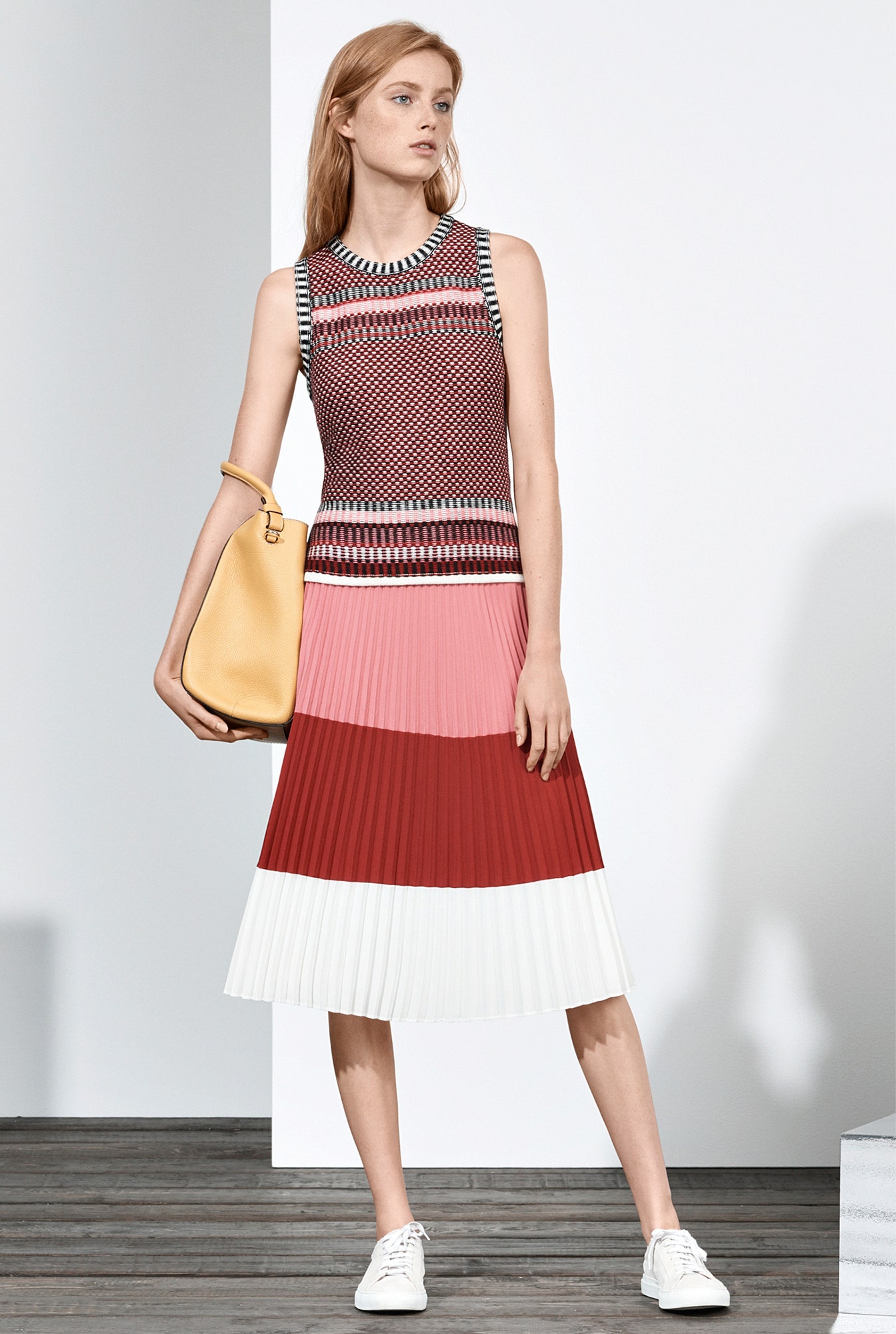 red knit sleeveless high-neck fitted pleated color-blocked midi-dress