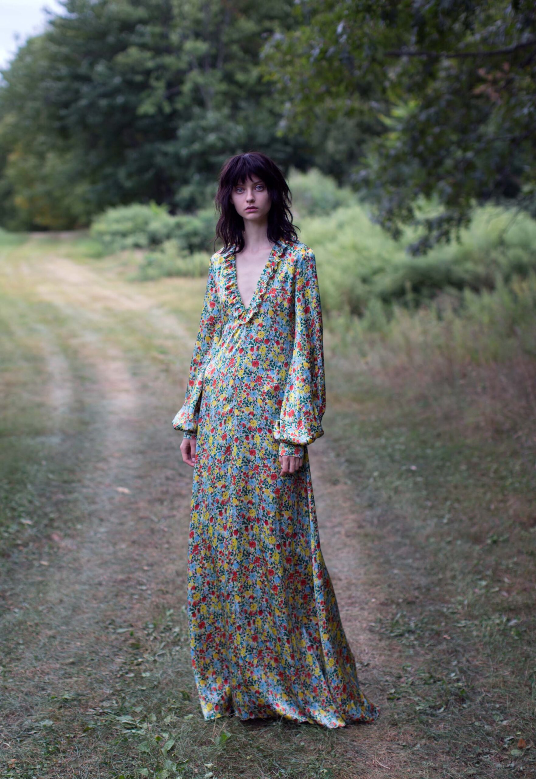 ruffled floral silk maxi dress