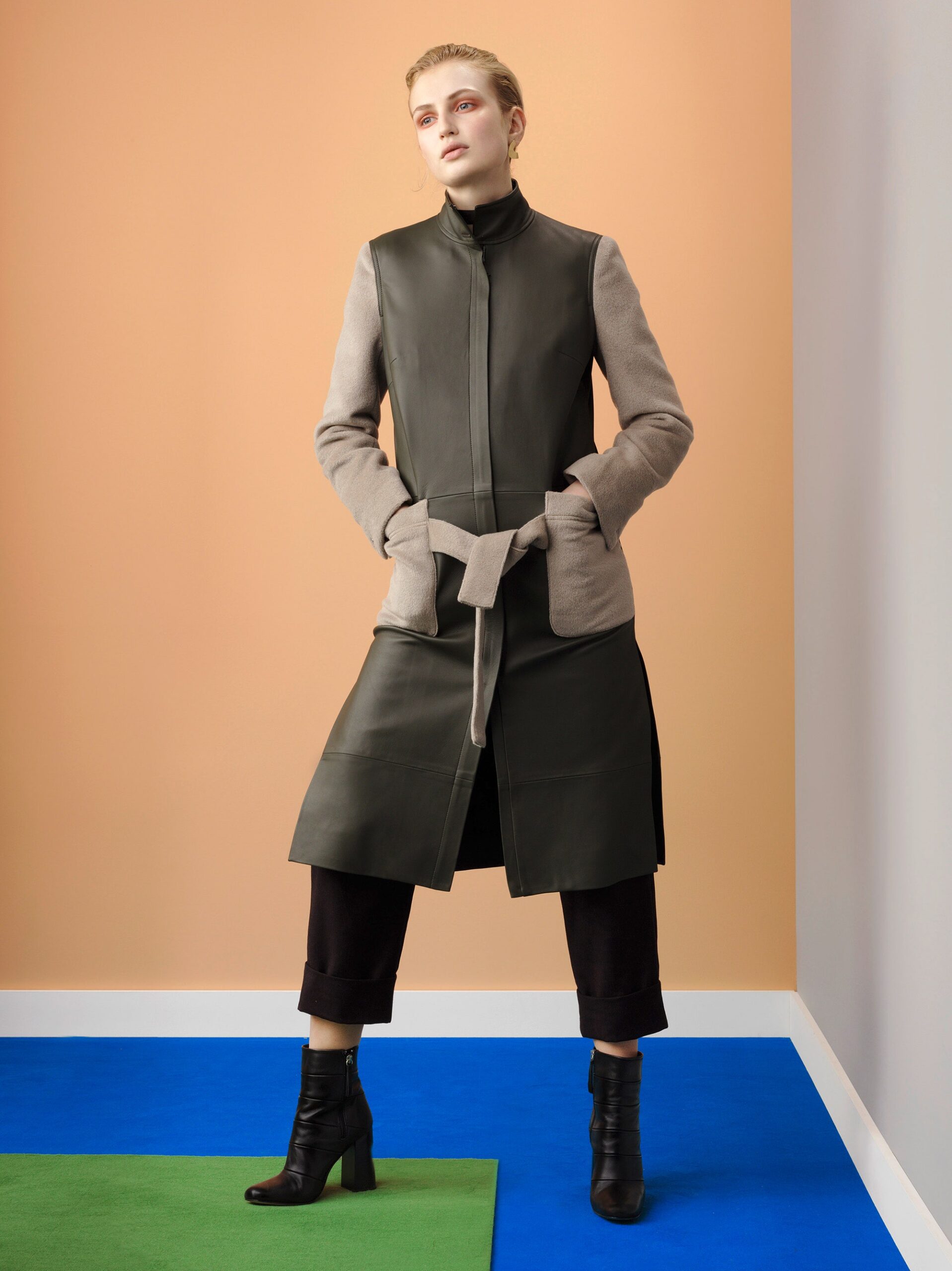 color-blocked leather tie-waist coat