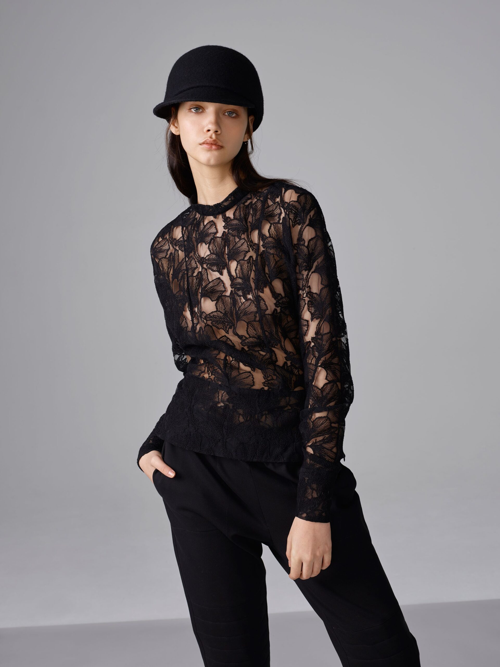 black lace long-sleeve high-neck floral sheer textured top