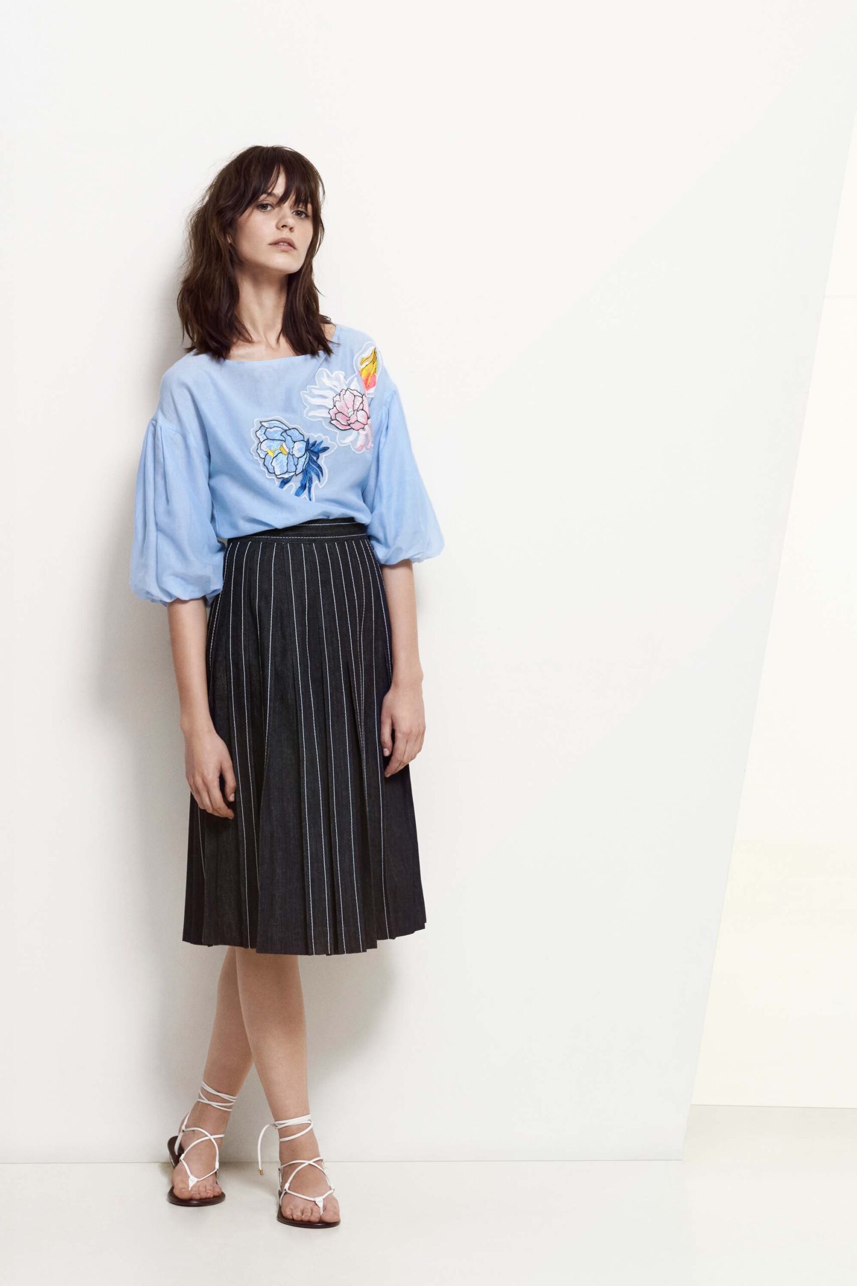 black unknown high-waisted pinstriped pleated midi skirt