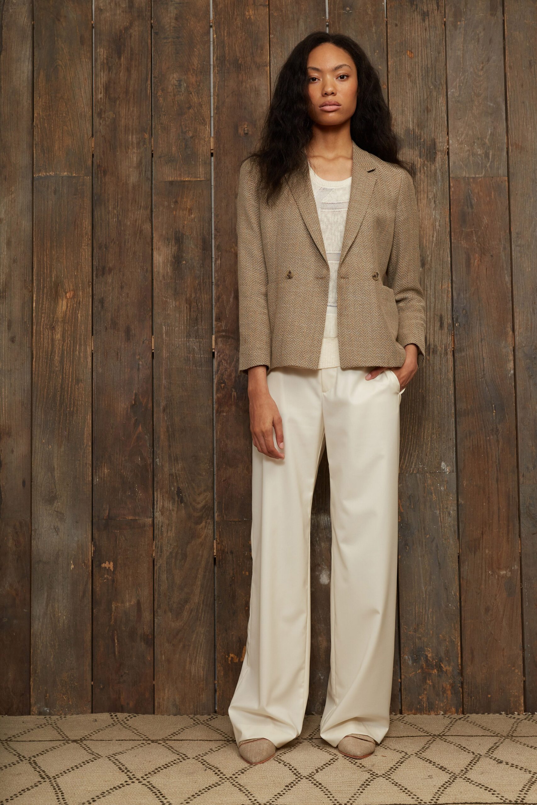 beige herringbone double-breasted blazer