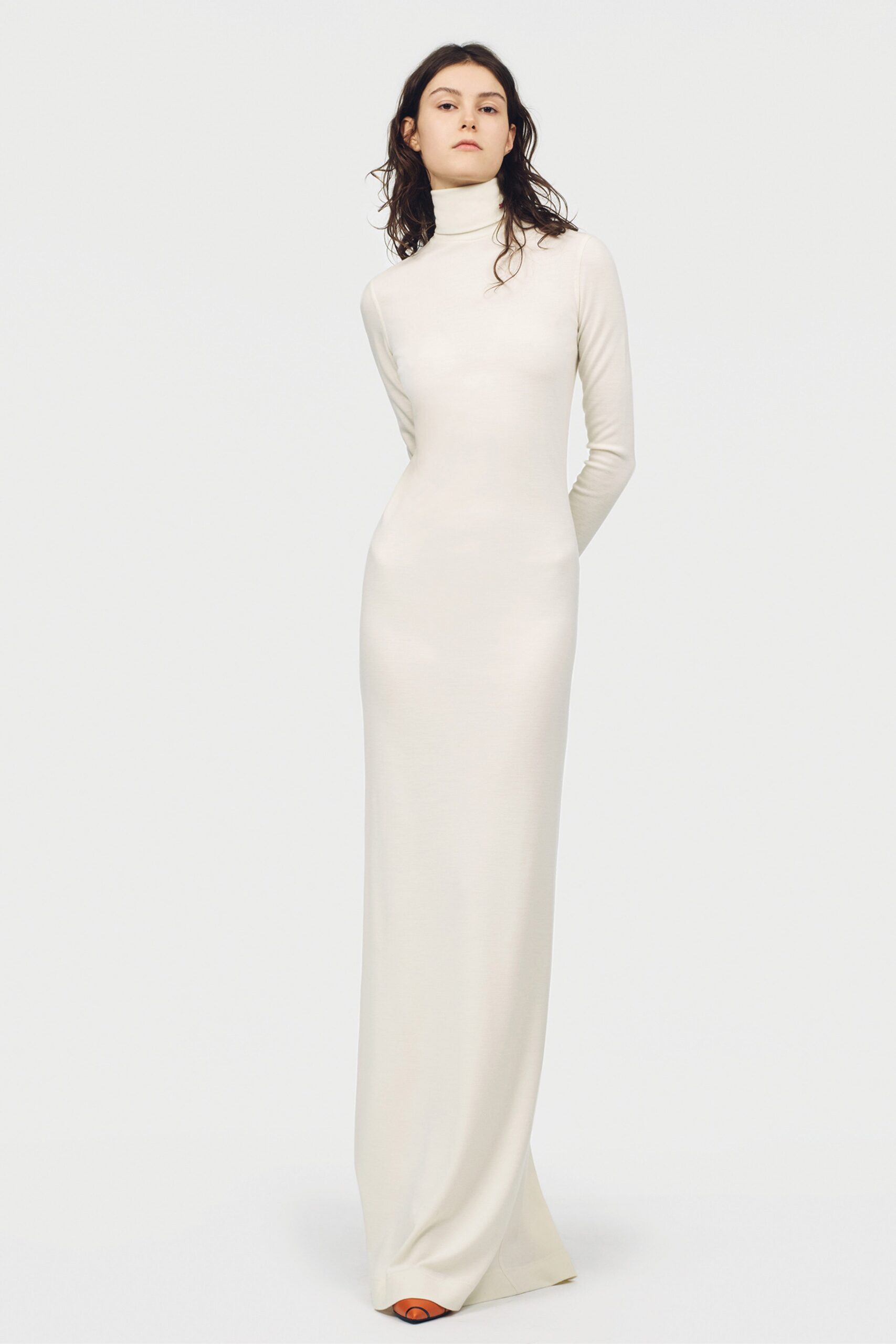 ivory turtleneck knit column gown