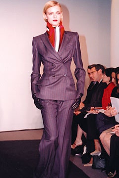 purple pinstriped double-breasted blazer