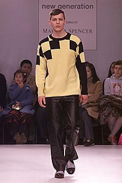 yellow knit long-sleeve collared color-blocked sweater