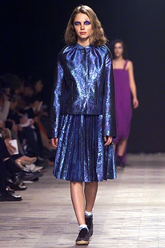 blue metallic pleated skirt suit