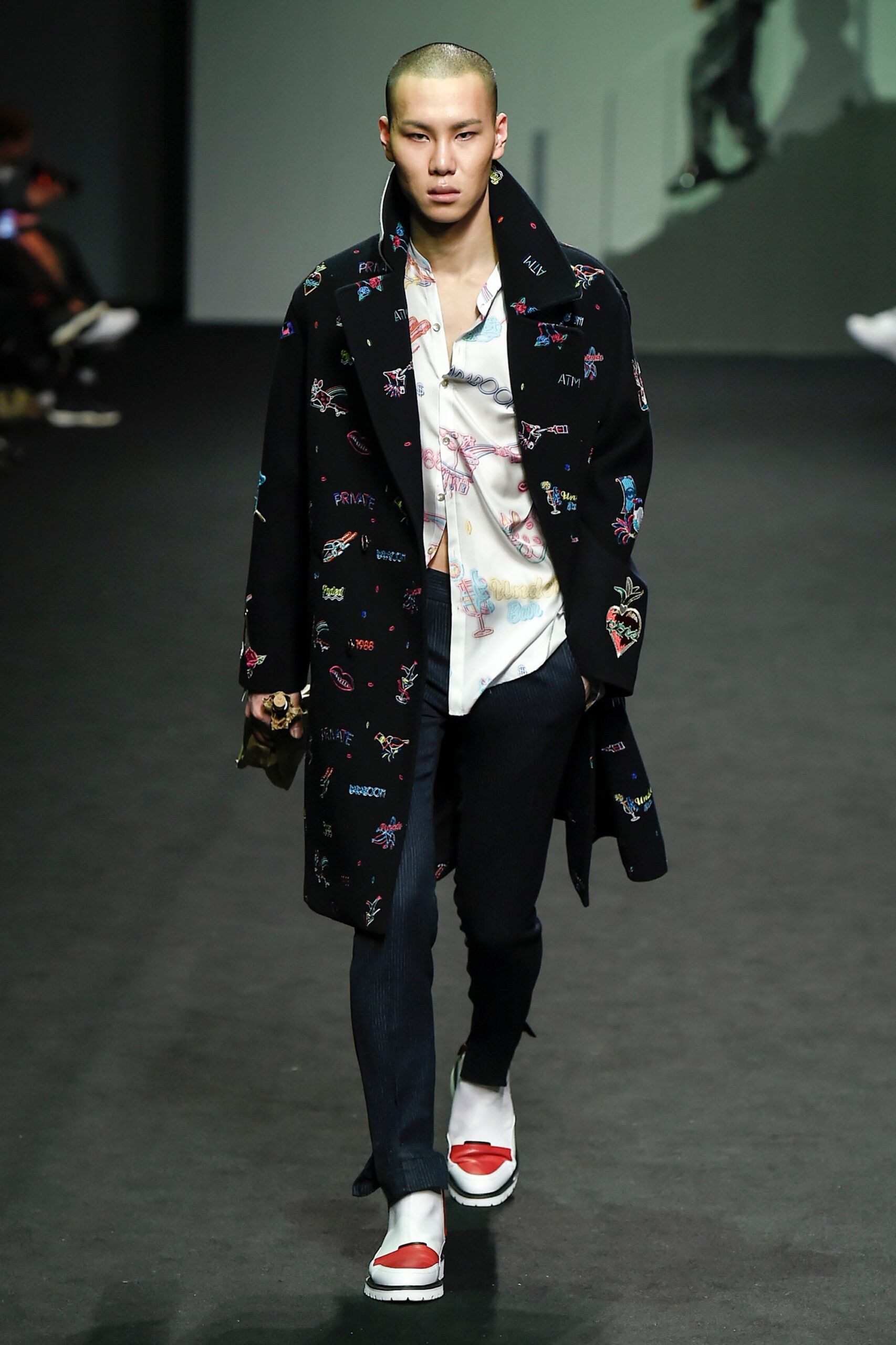 black embroidered oversized coat