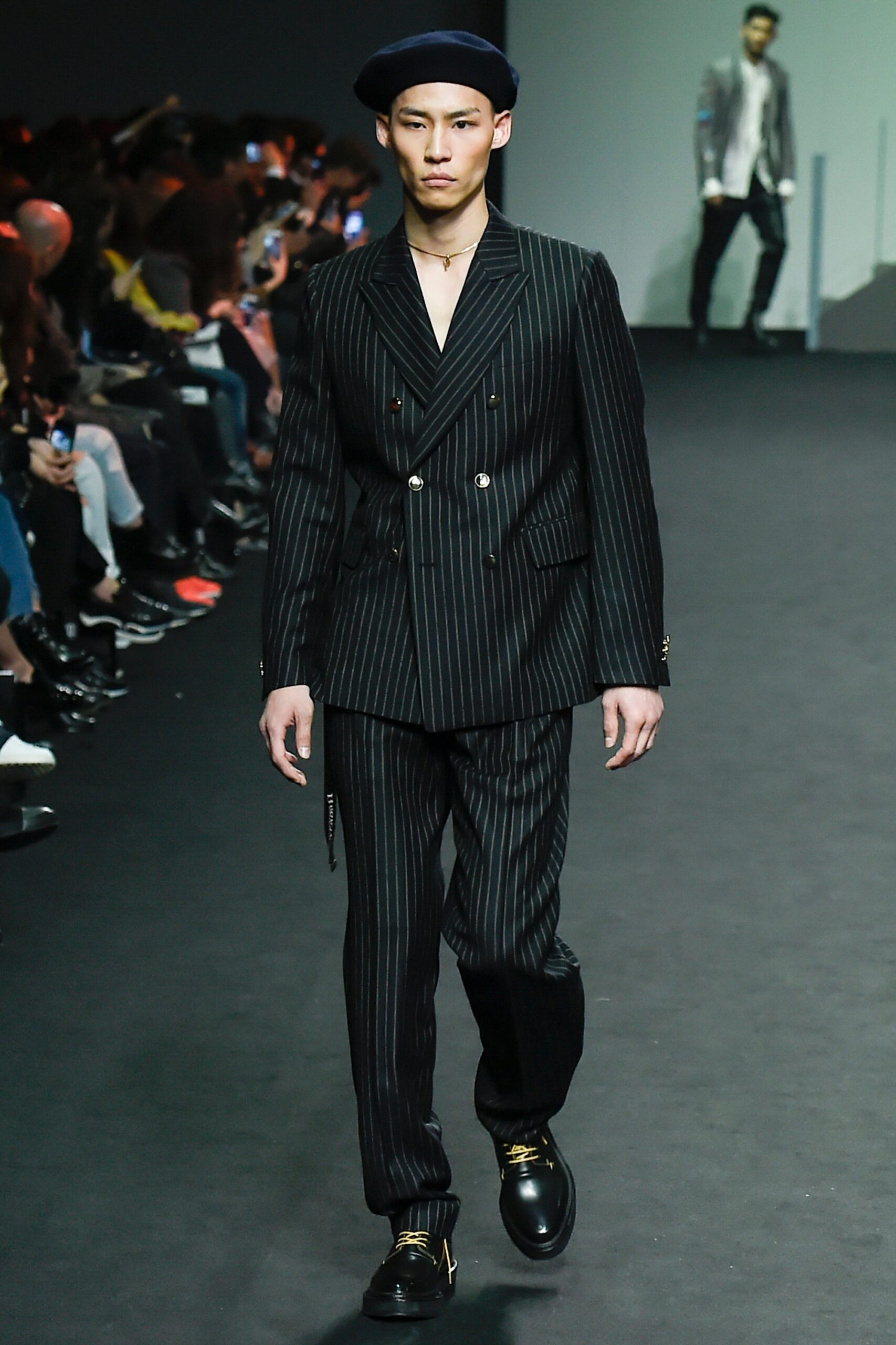 black pinstriped double-breasted blazer