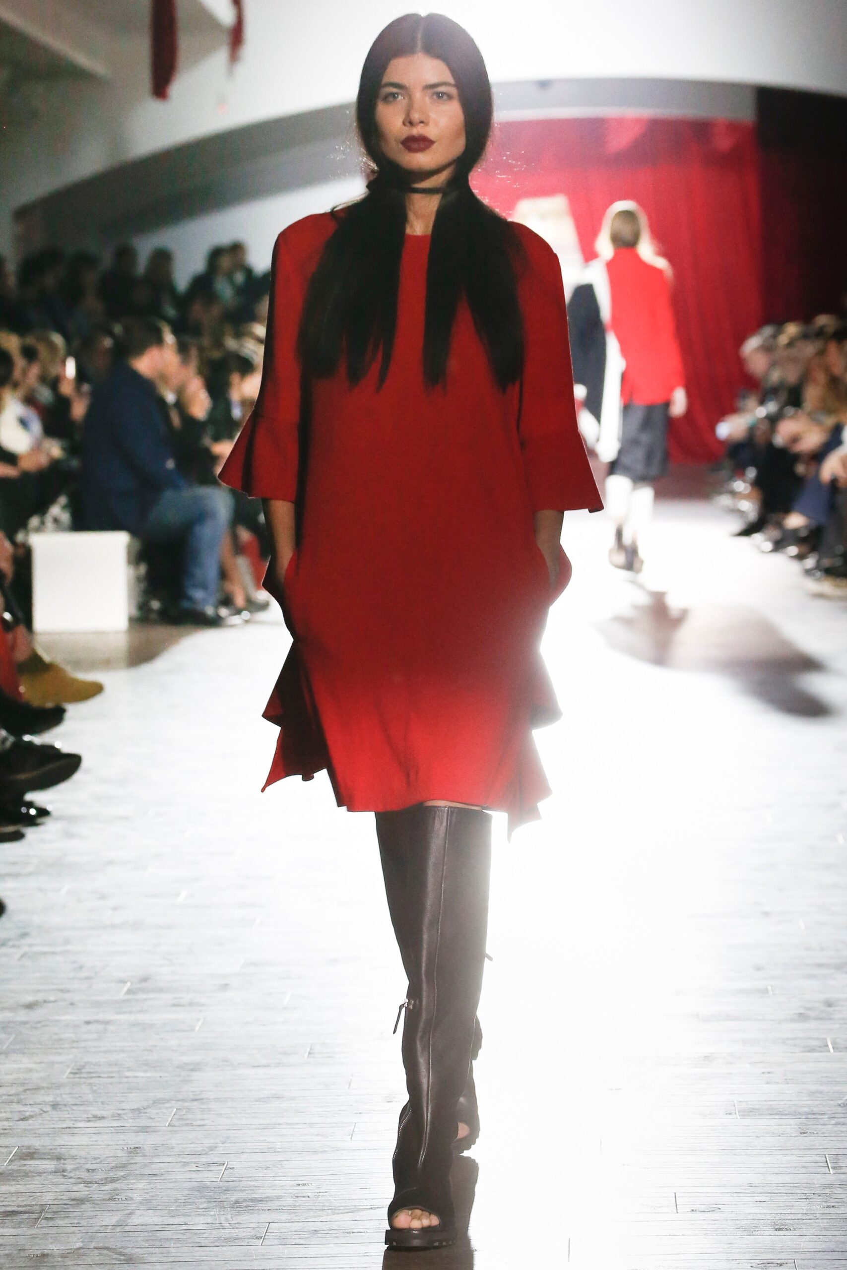 red flowing midi dress