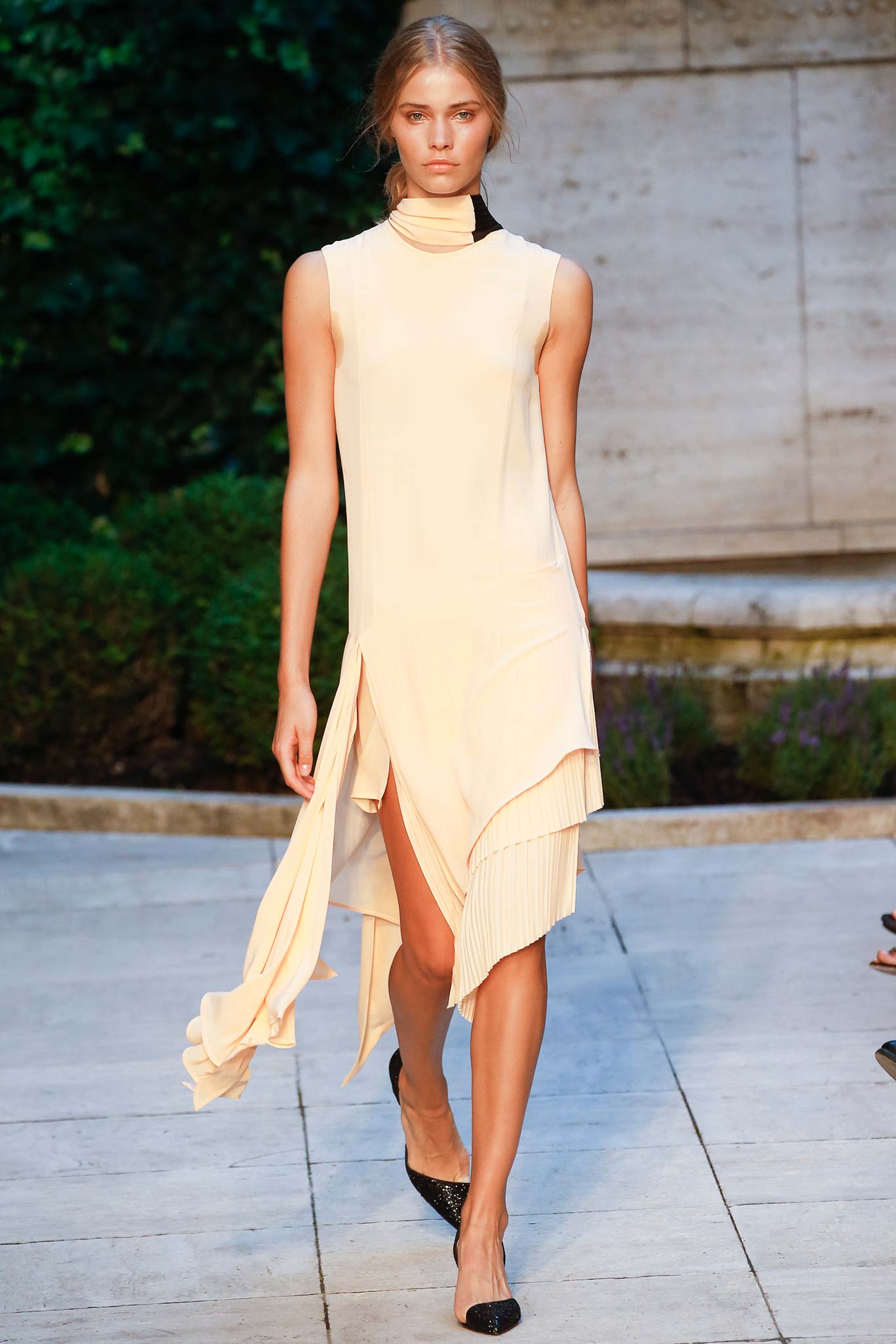 asymmetric pleated ivory midi dress