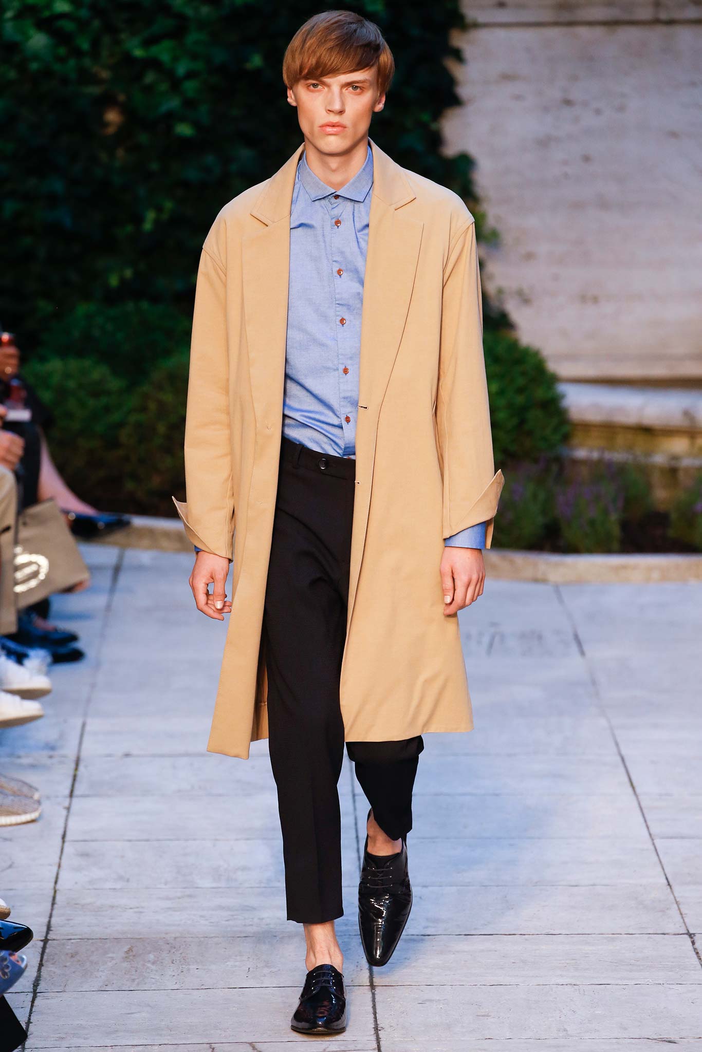 beige open-front long coat