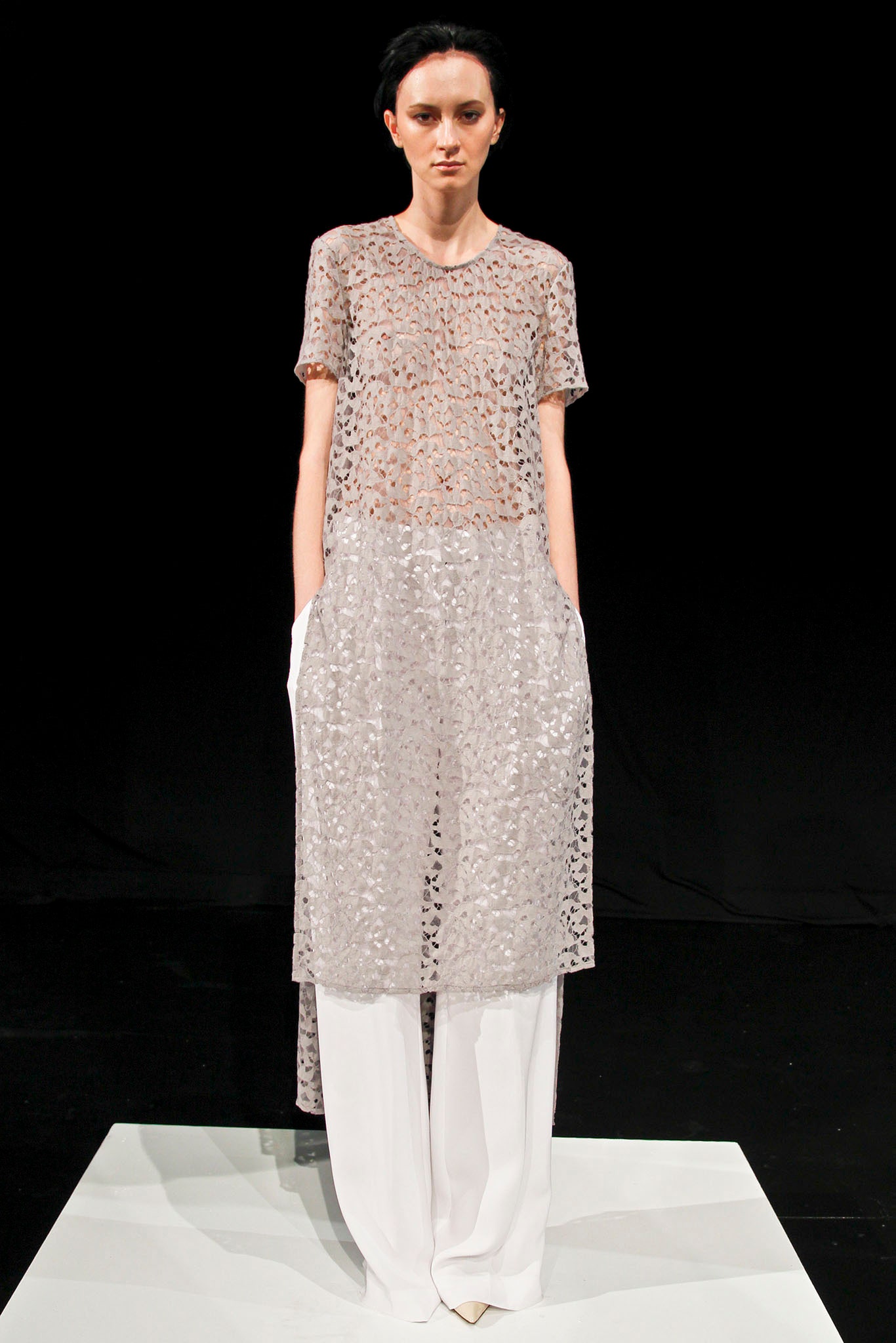 gray lace short-sleeve high-neck openwork sheer textured maxi-dress