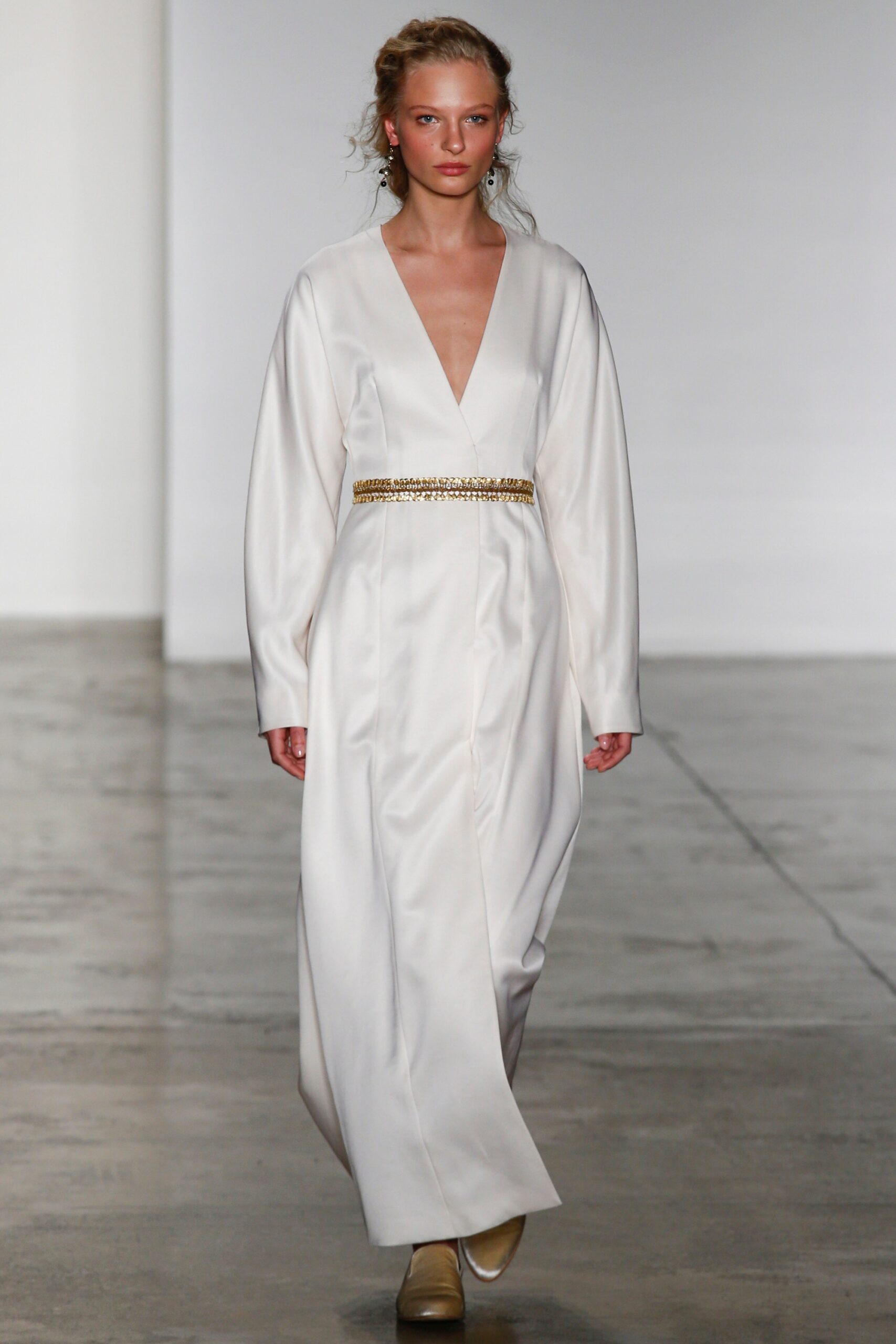 ivory satin long-sleeve v-neck belted draped maxi-dress