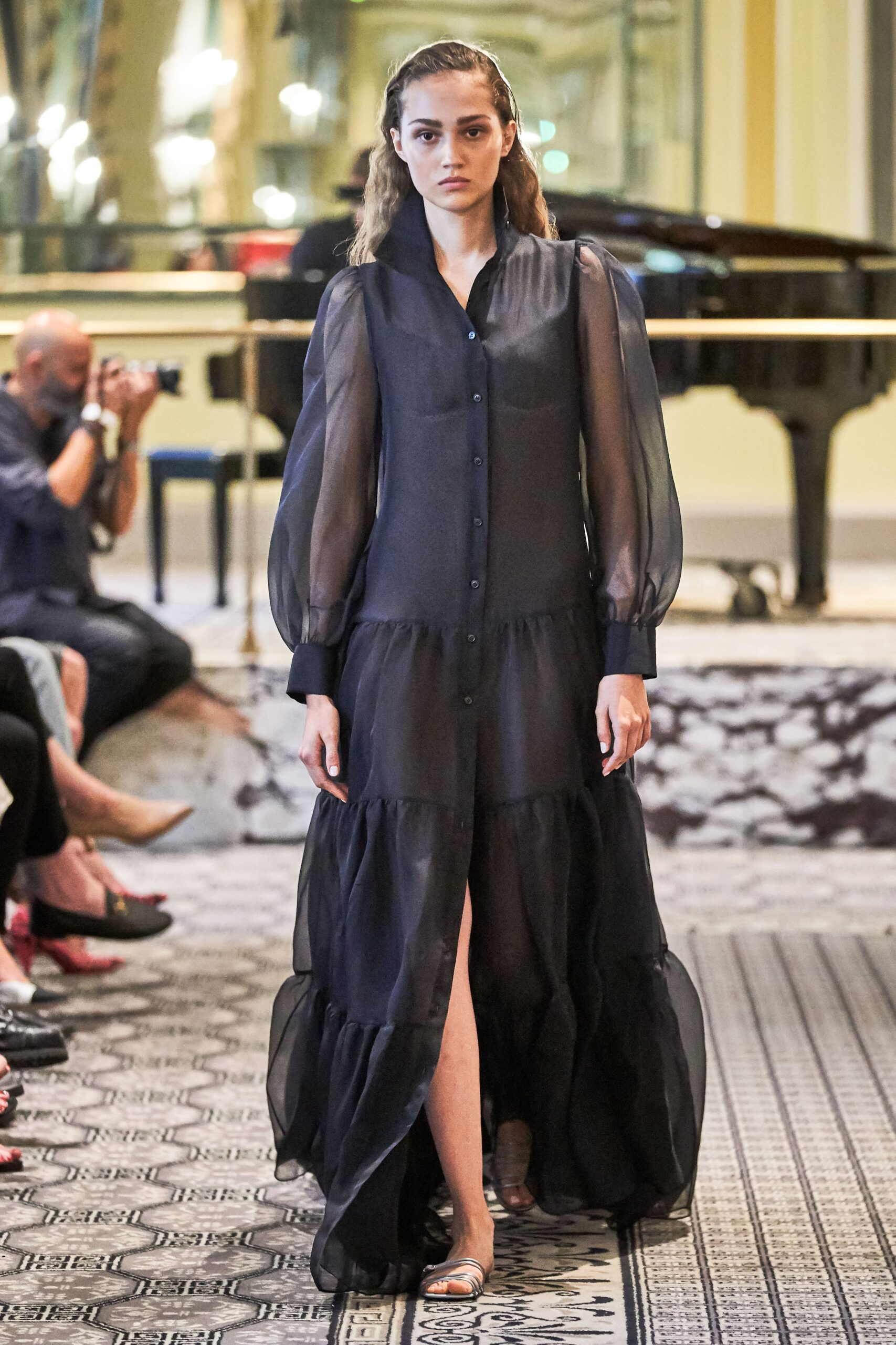 black chiffon long-sleeve collared buttoned tiered maxi-dress
