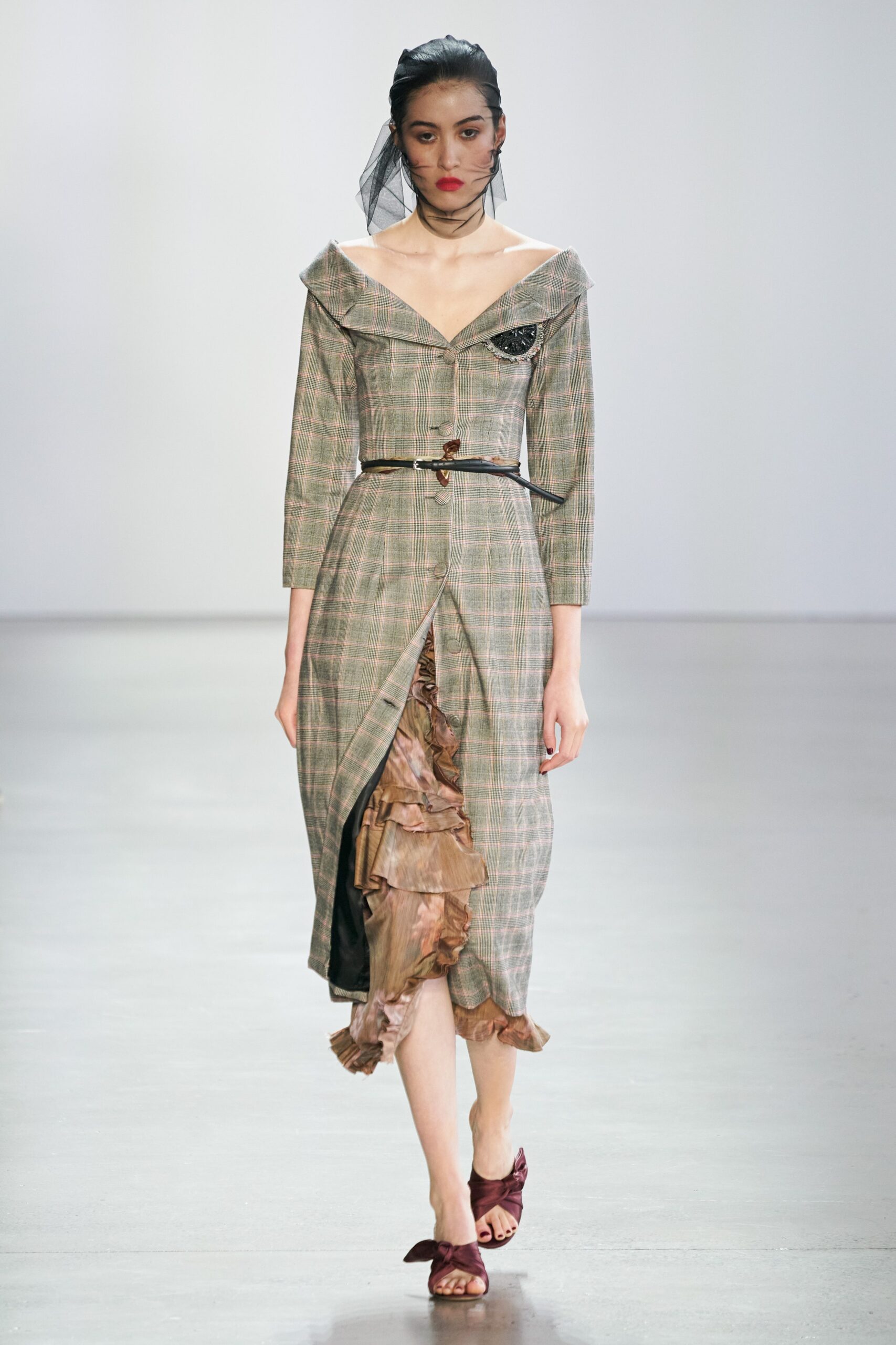 checked off-shoulder belted dress