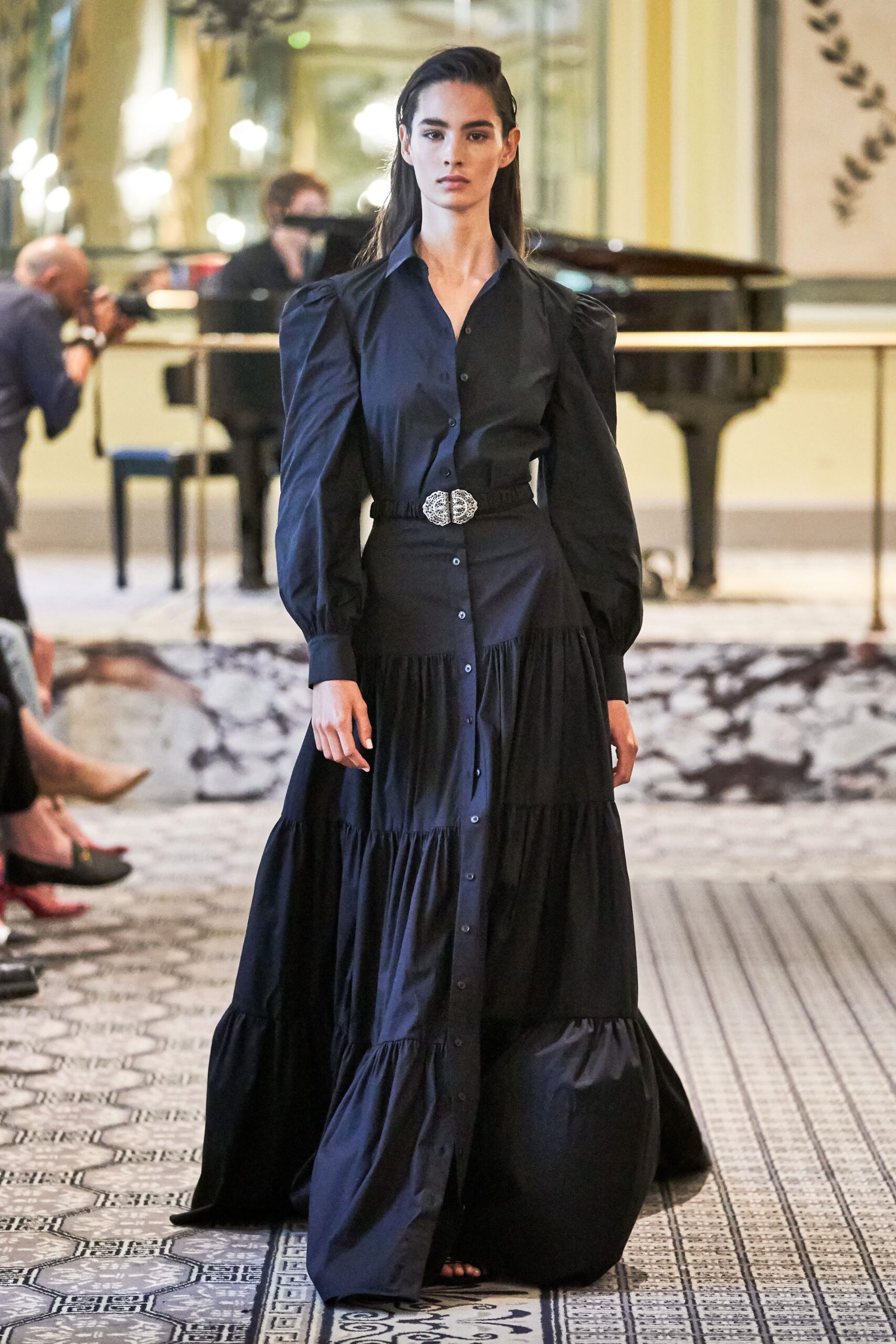 blue cotton long-sleeve collared fitted tiered buttoned maxi-dress