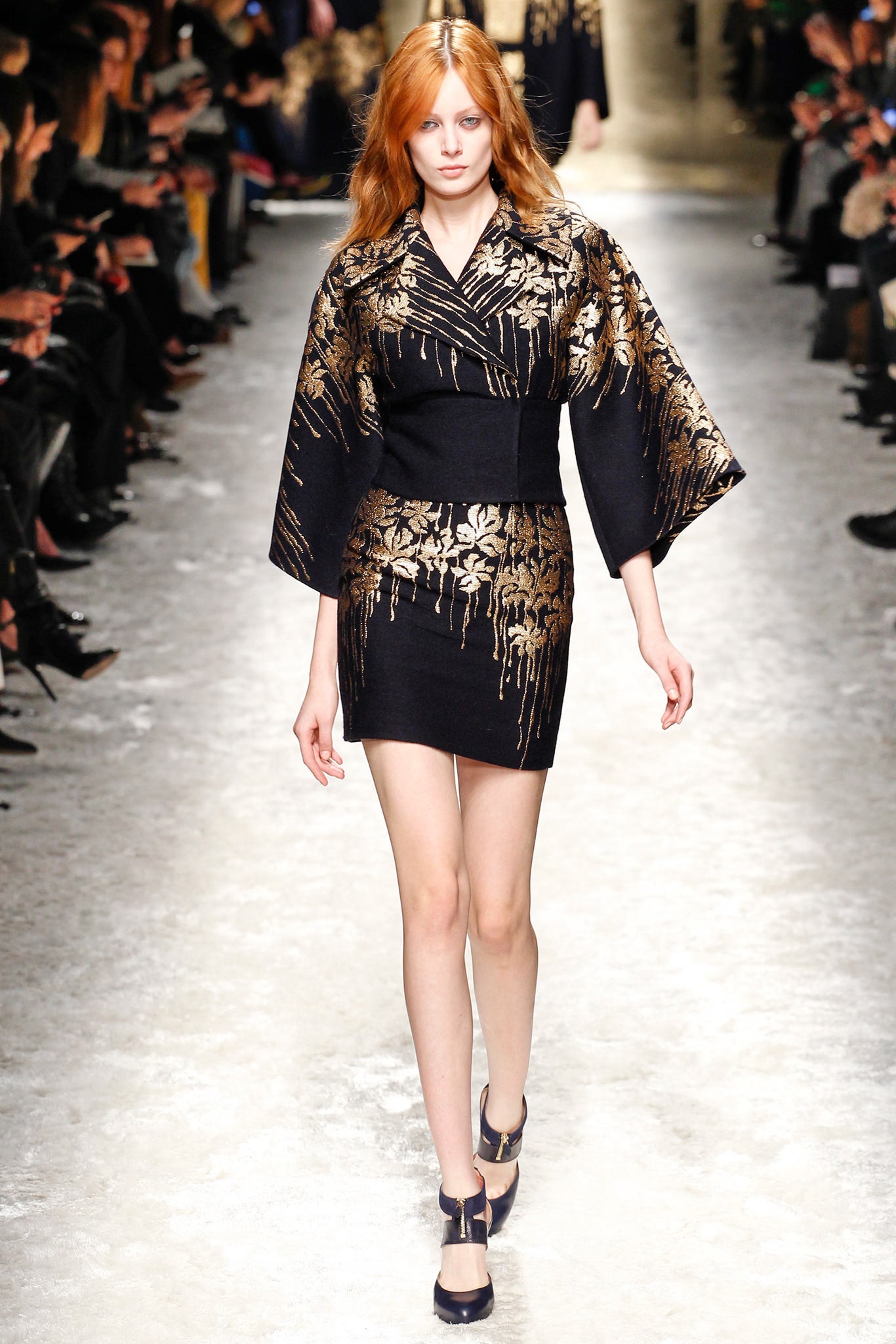 black brocade long-sleeve collared structured floral jacket