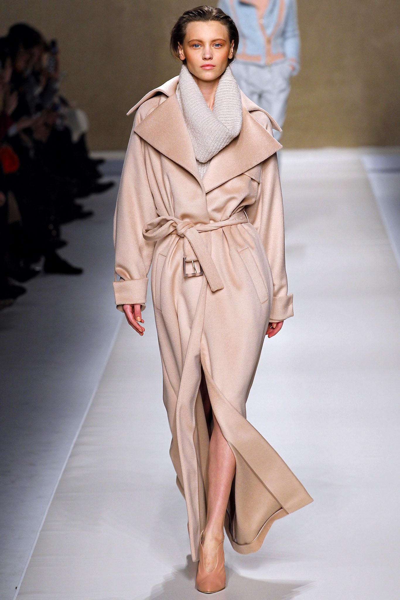 beige wool long-sleeve collared relaxed belted knotted coat