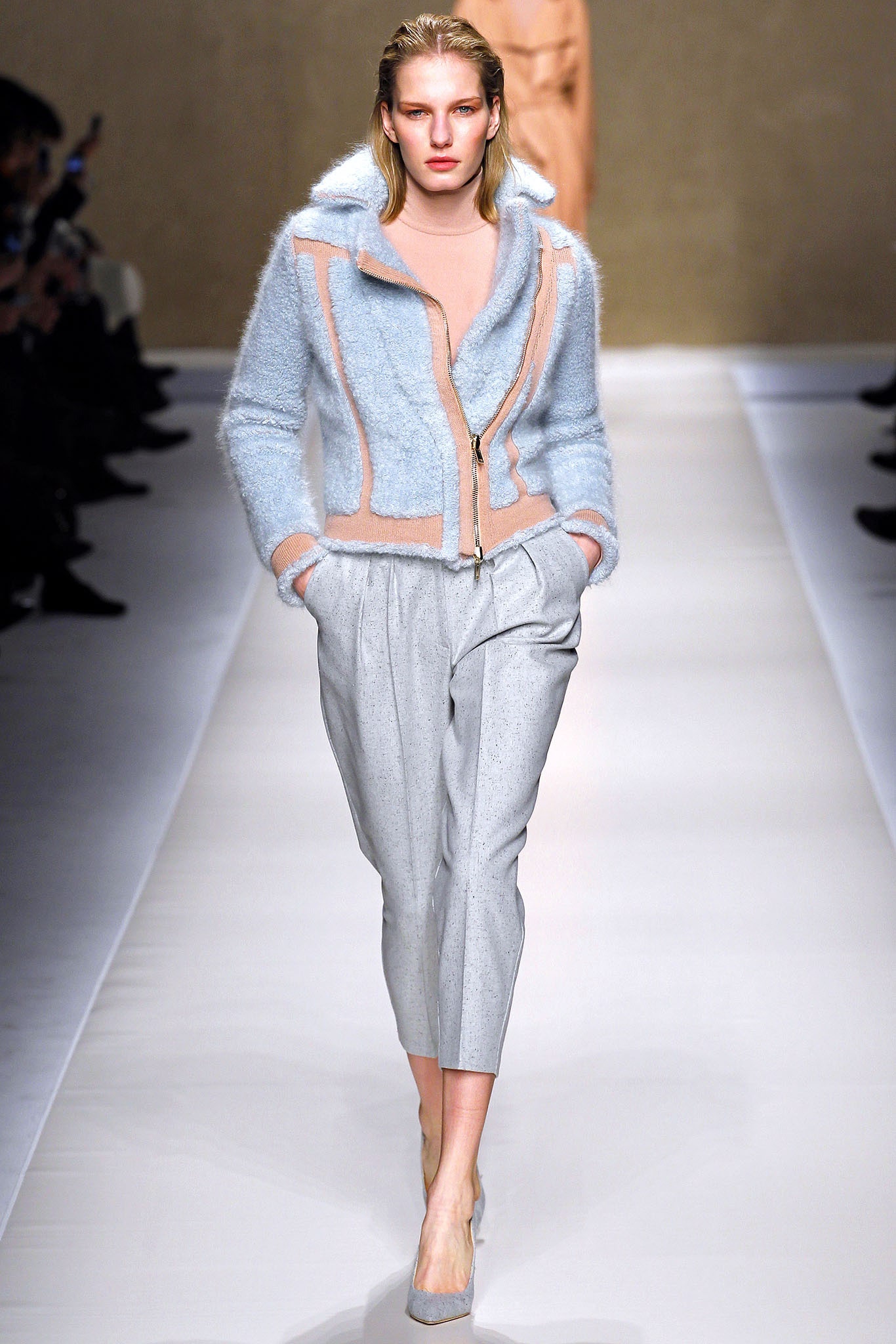 gray high-waisted pleated straight-leg cropped pants