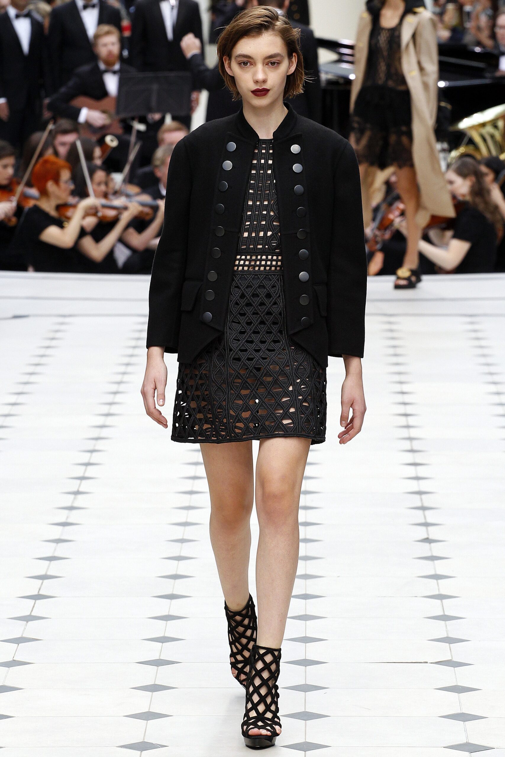 black mesh sleeveless high-neck openwork sheer textured mini-dress