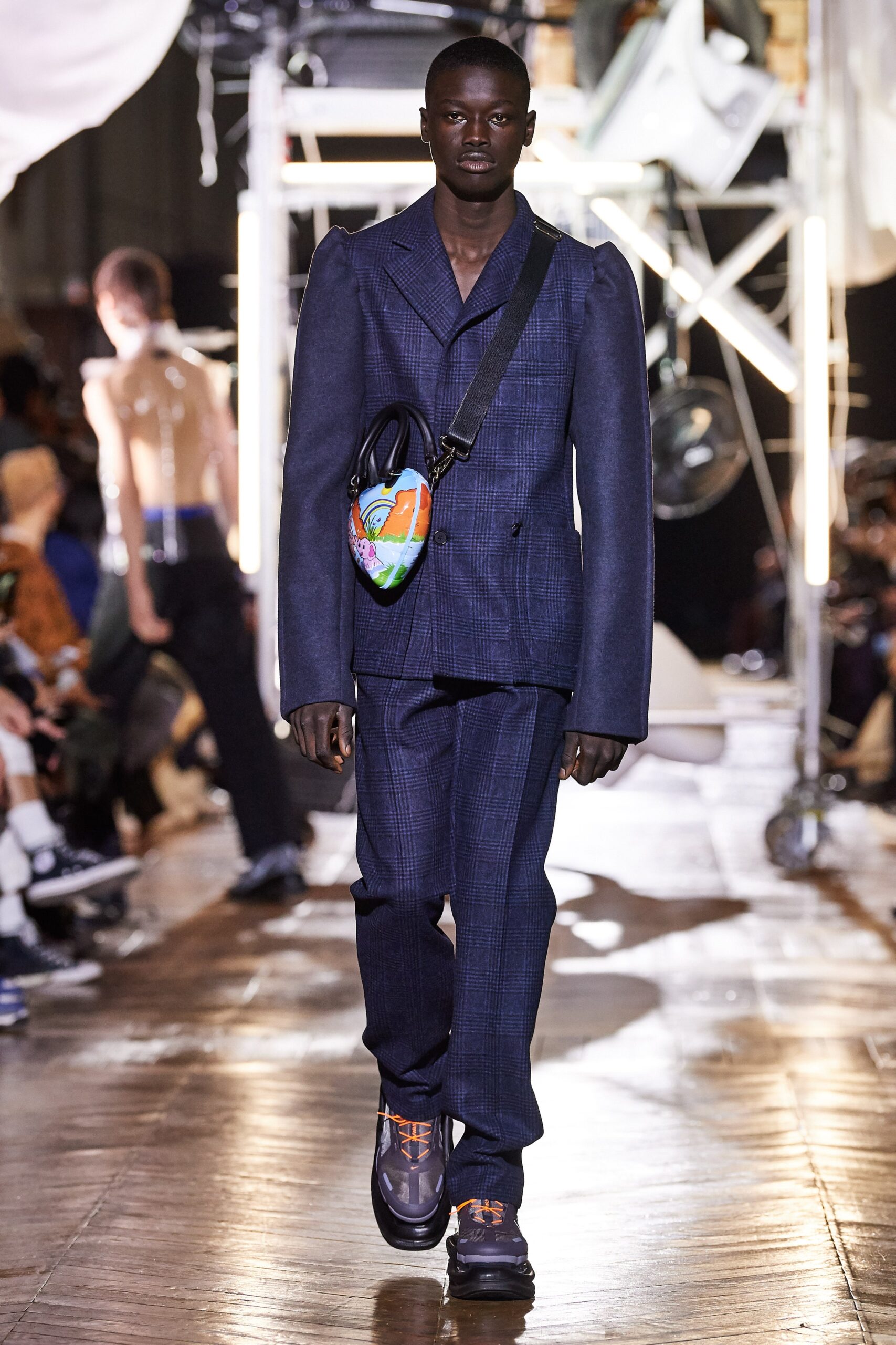 blue checked double-breasted blazer